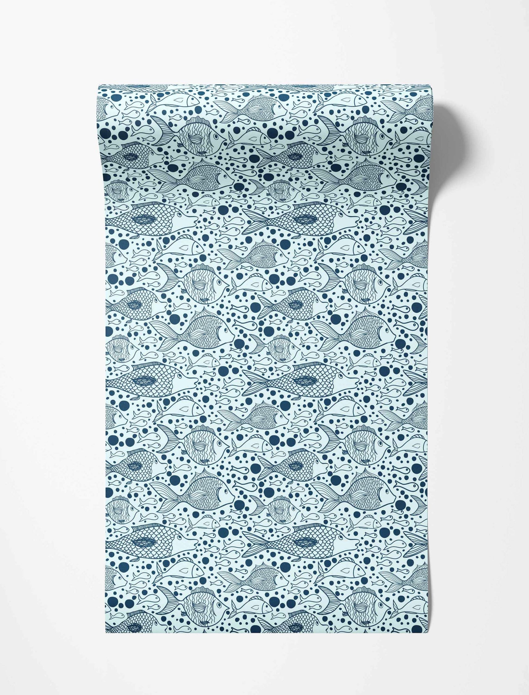 Illustrative wallpaper featuring various stylized fish and bubbles in dark blue outlines on a light blue background.