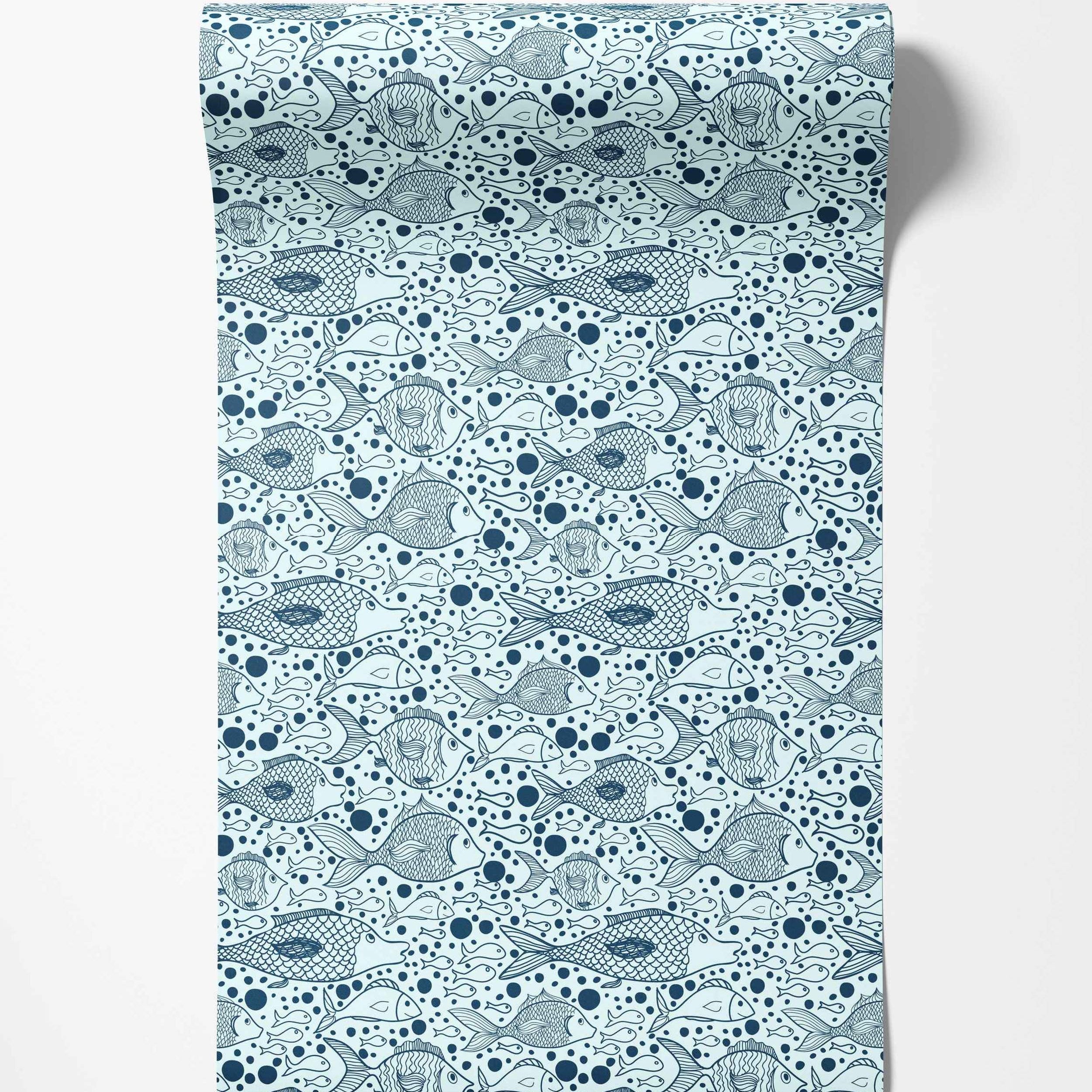 Illustrative wallpaper featuring various stylized fish and bubbles in dark blue outlines on a light blue background.