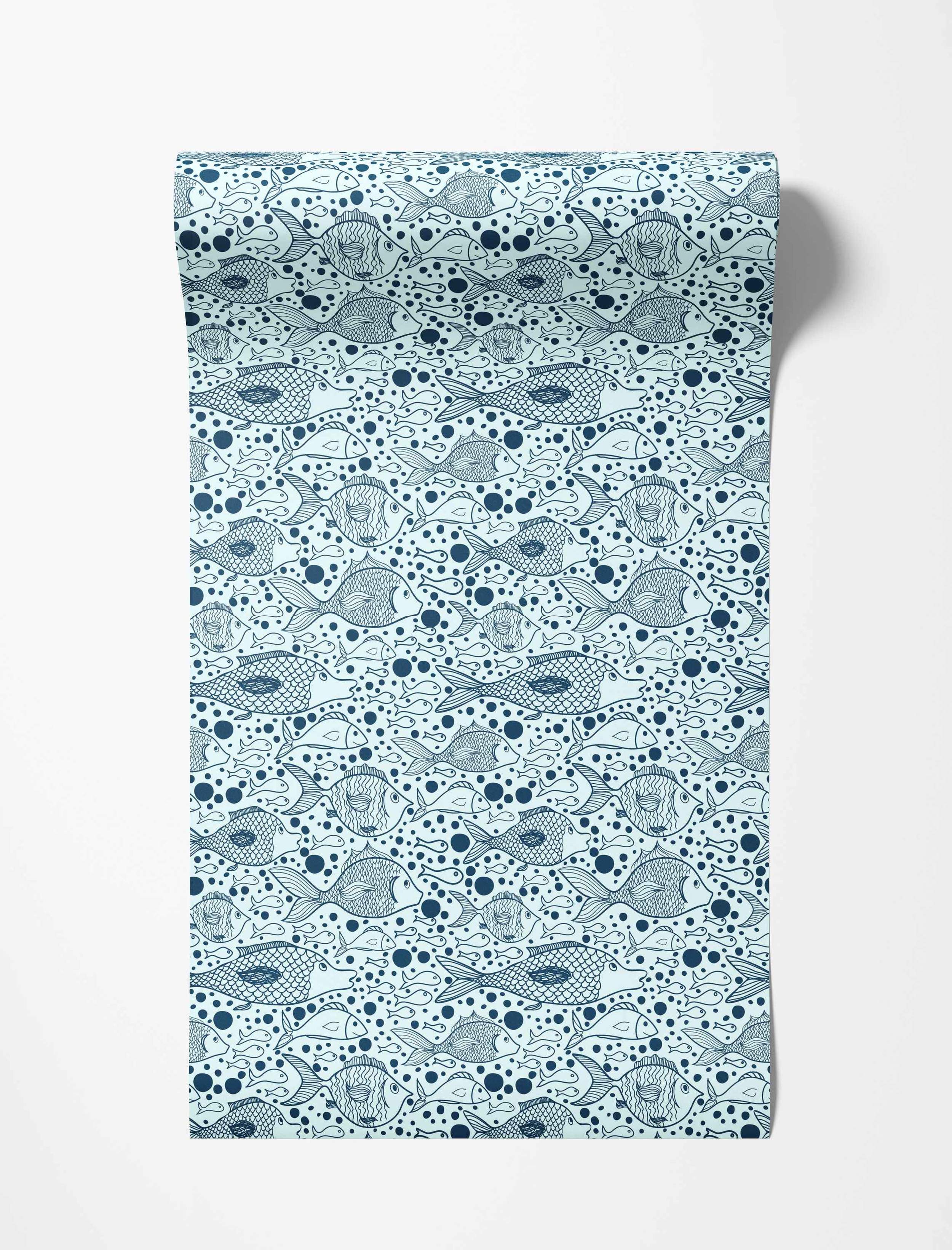 Illustrative wallpaper featuring various stylized fish and bubbles in dark blue outlines on a light blue background.