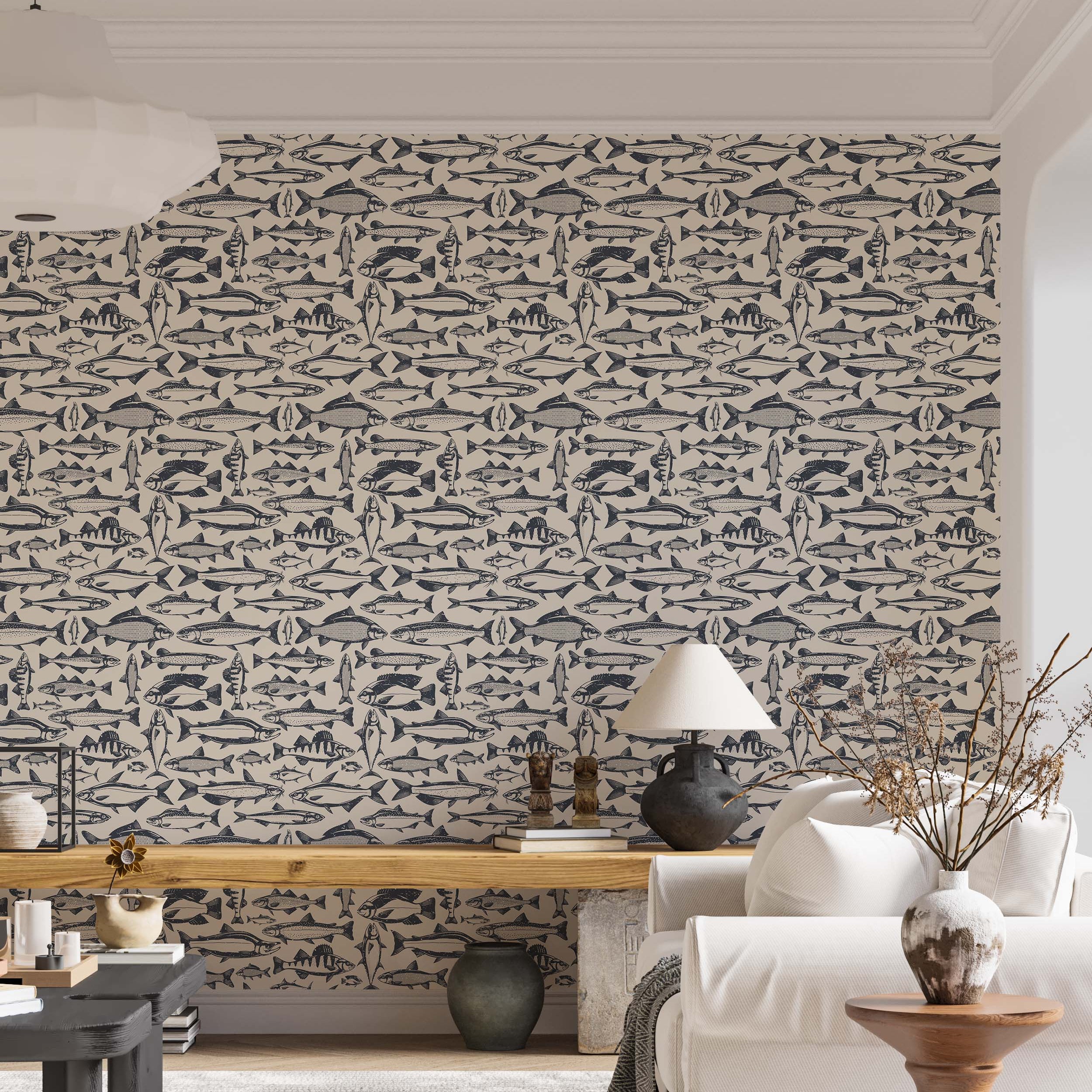 Wallpaper featuring a dense, repeating pattern of illustrated fish in dark blue and grey on a light beige background.