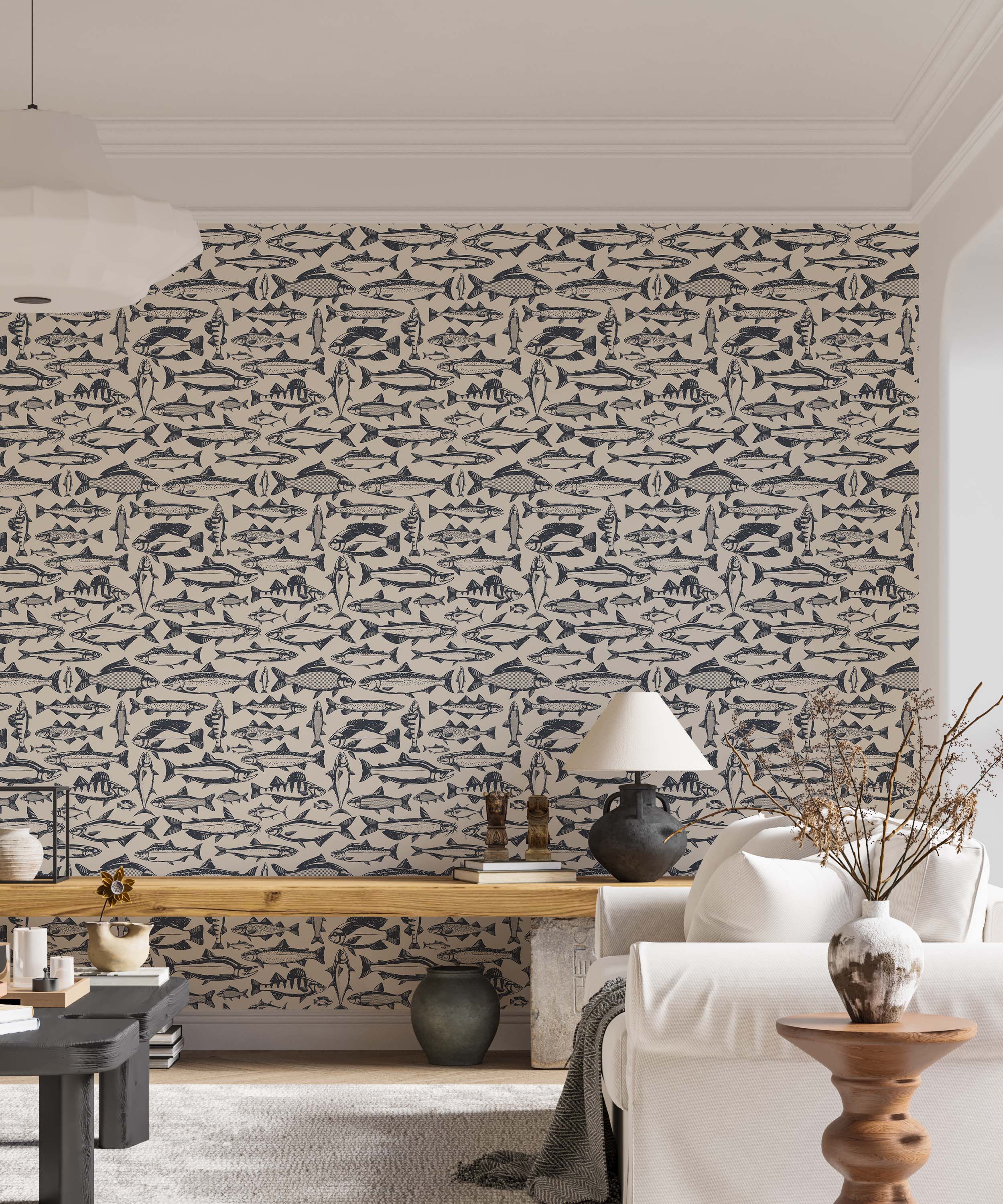 Wallpaper featuring a dense, repeating pattern of illustrated fish in dark blue and grey on a light beige background.