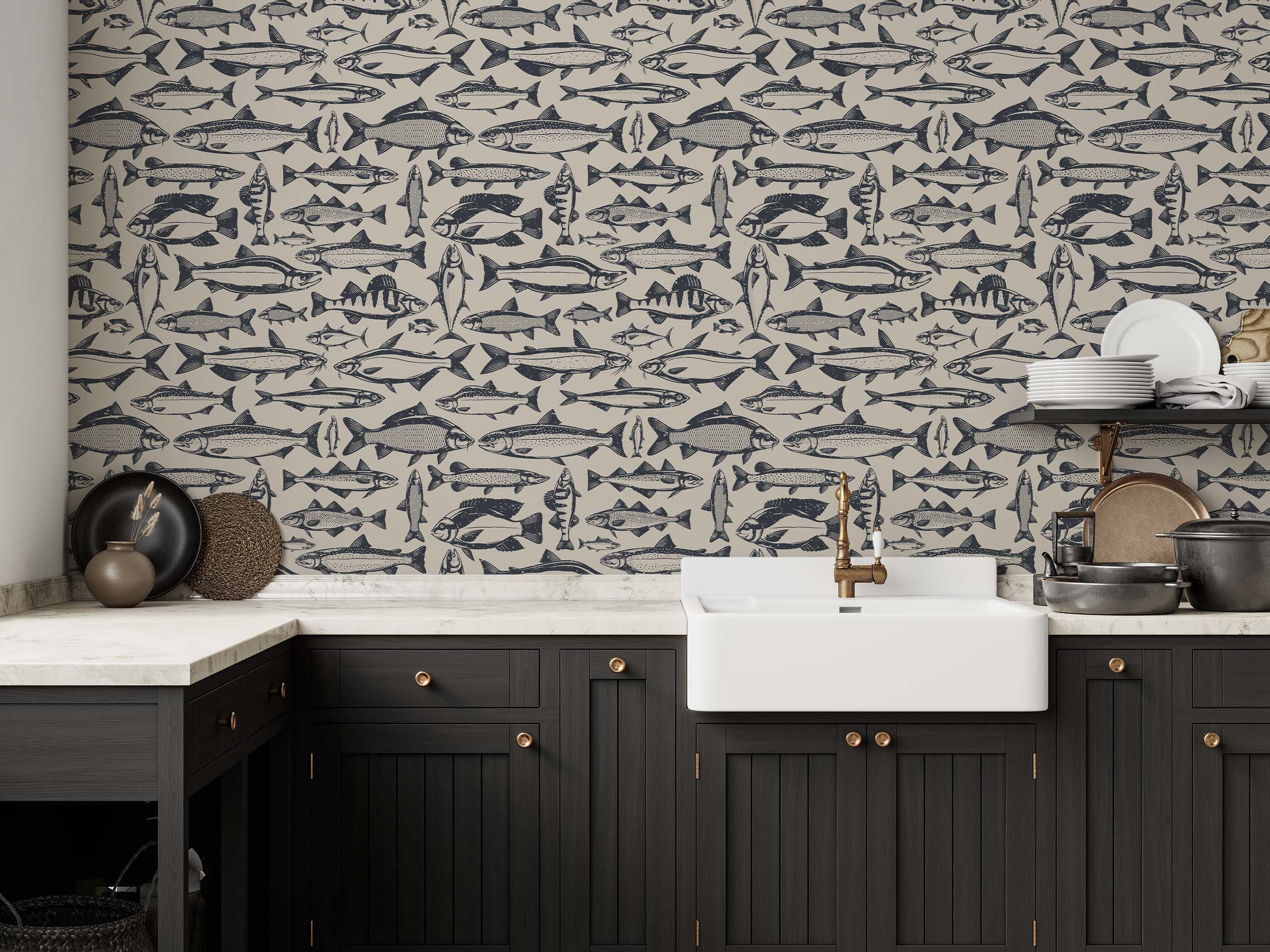 Wallpaper with a dense pattern of various fish illustrated in dark blue on a light beige background.