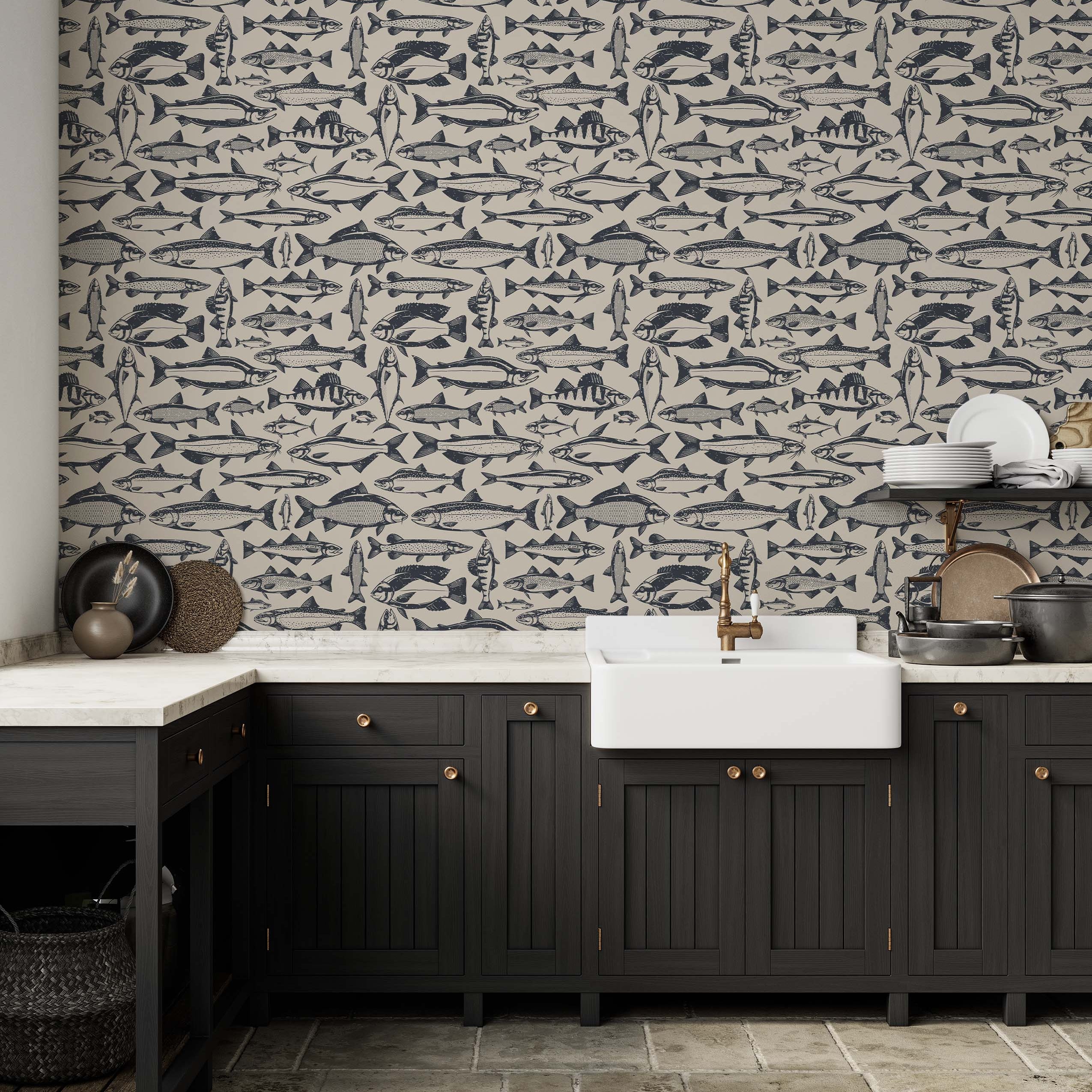 Wallpaper with a dense pattern of various fish illustrated in dark blue on a light beige background.
