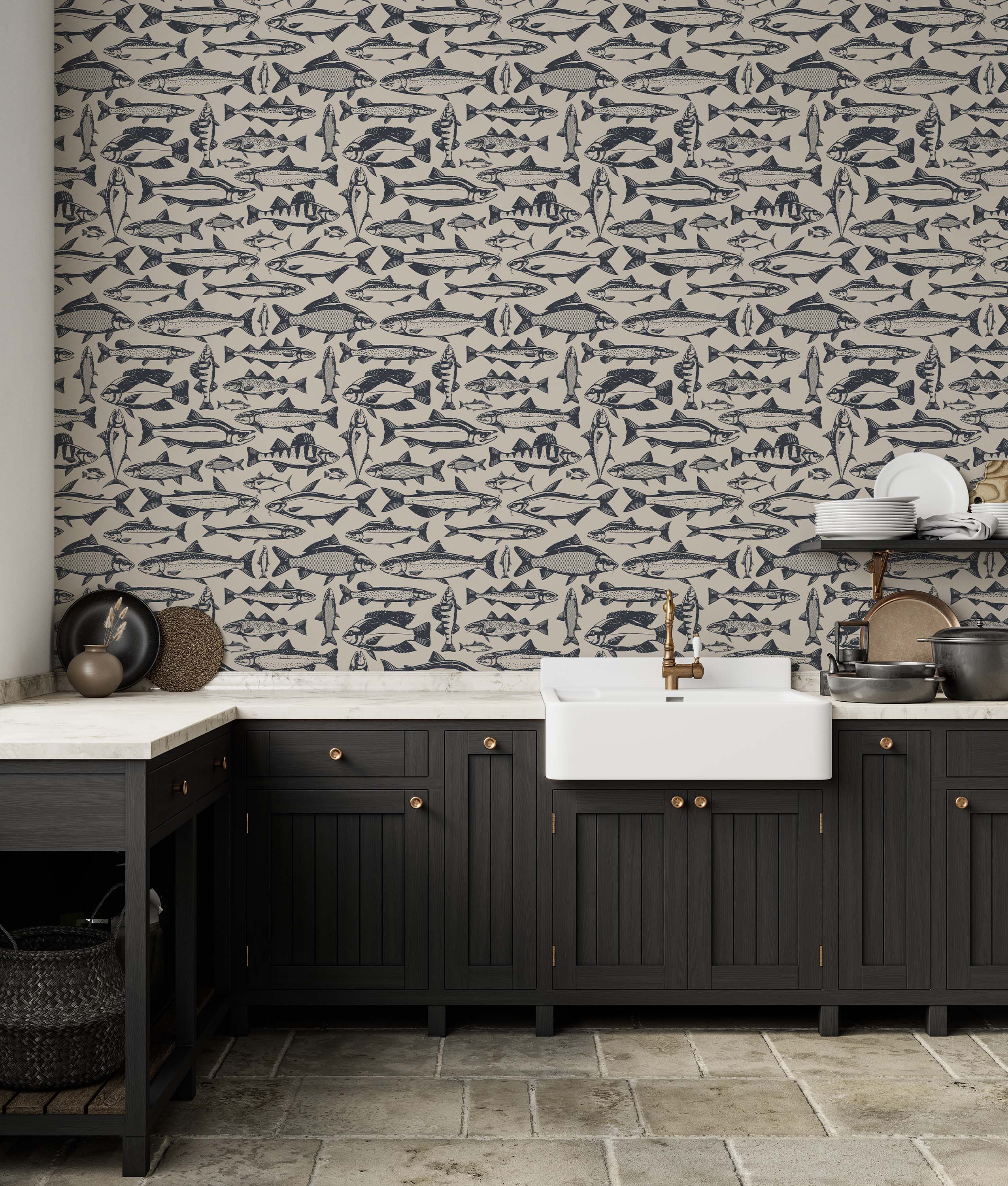 Wallpaper with a dense pattern of various fish illustrated in dark blue on a light beige background.