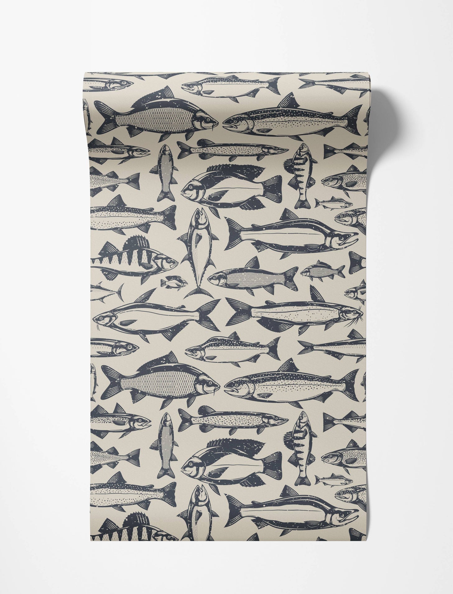 A repeating pattern of various fish in a dark blue, block-print style on a light beige wallpaper.
