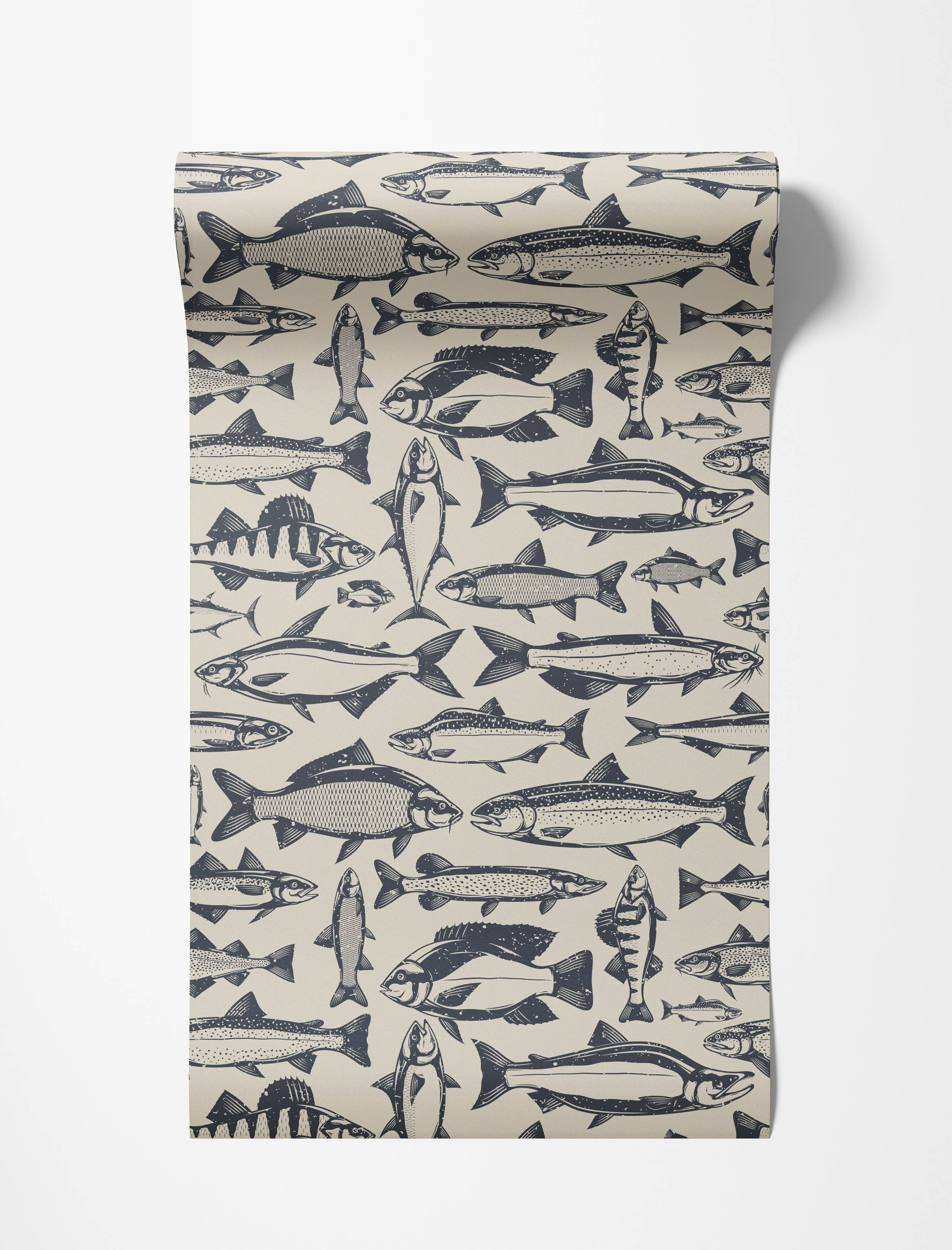 A repeating pattern of various fish in a dark blue, block-print style on a light beige wallpaper.