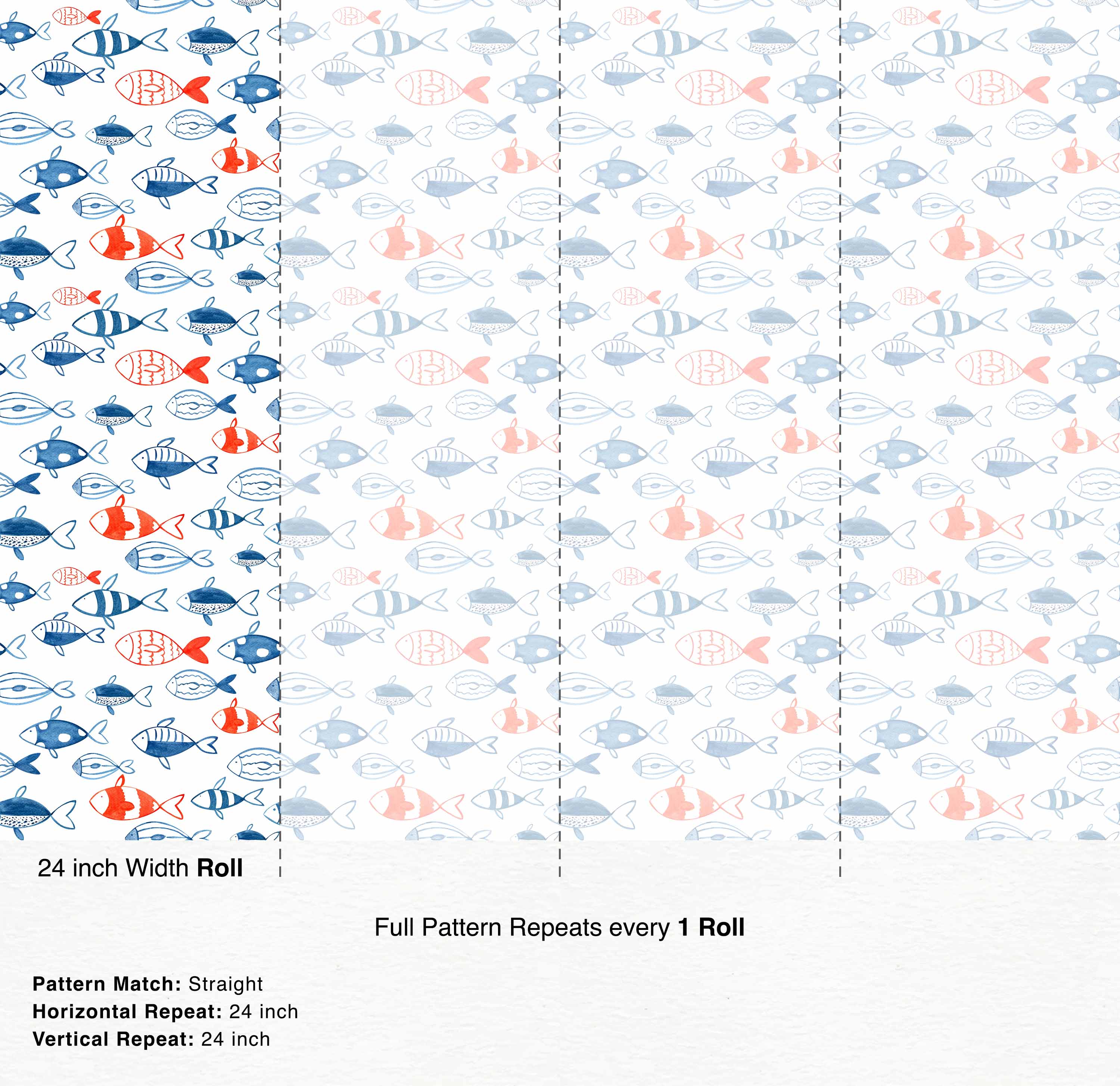 Blue and coral sketchy watercolor fish swim across a white background in this repeating wallpaper pattern.