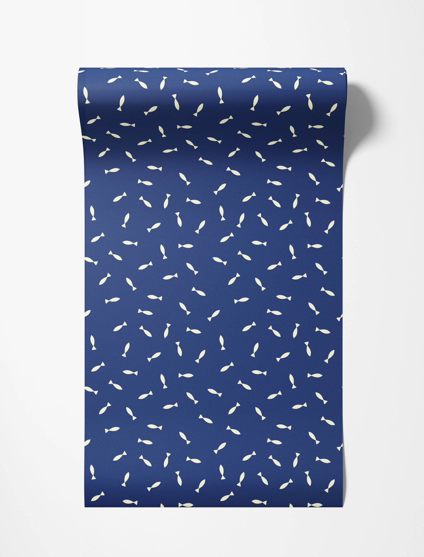 A playful wallpaper featuring a scattered pattern of simple, cream-colored fish on a dark blue background.