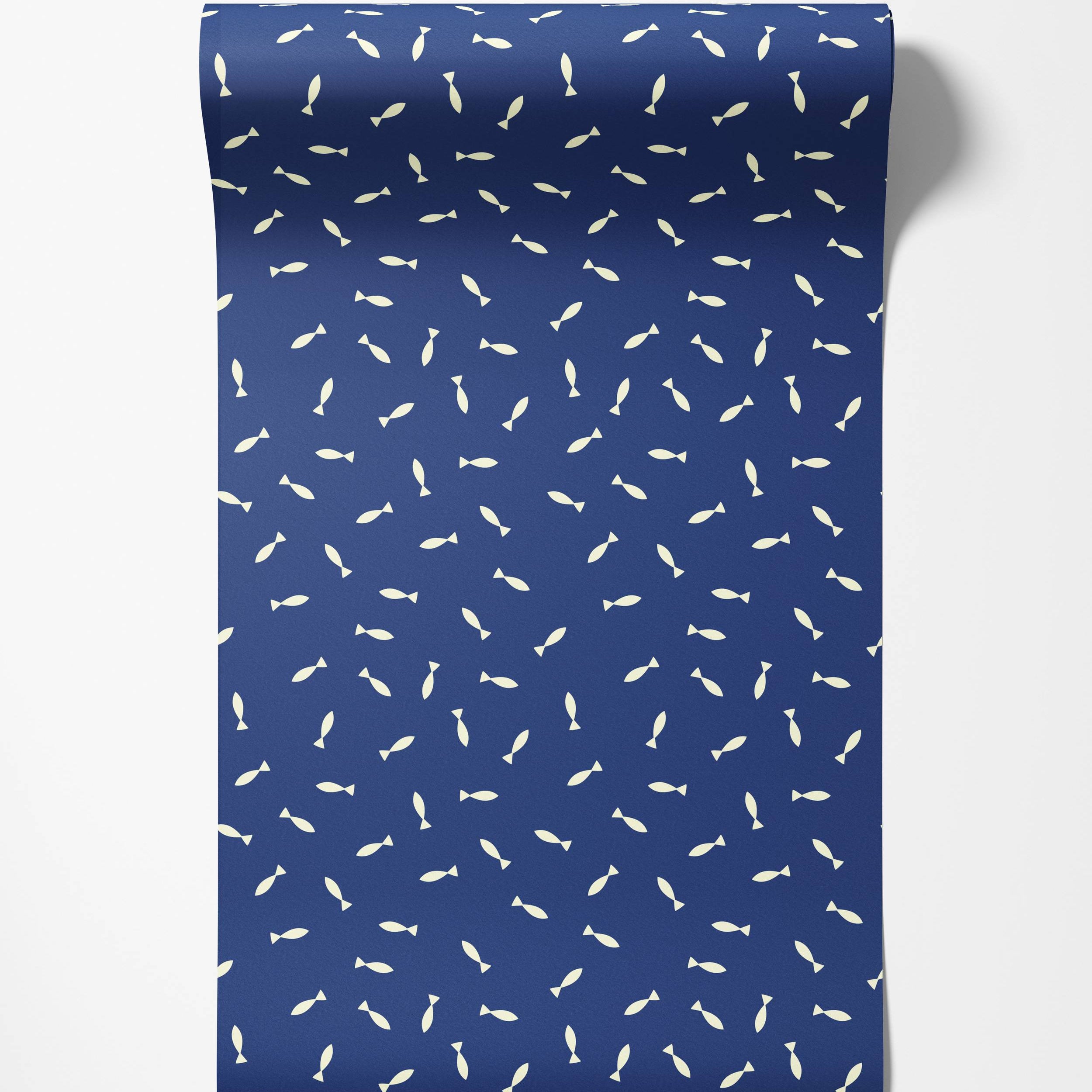 A playful wallpaper featuring a scattered pattern of simple, cream-colored fish on a dark blue background.