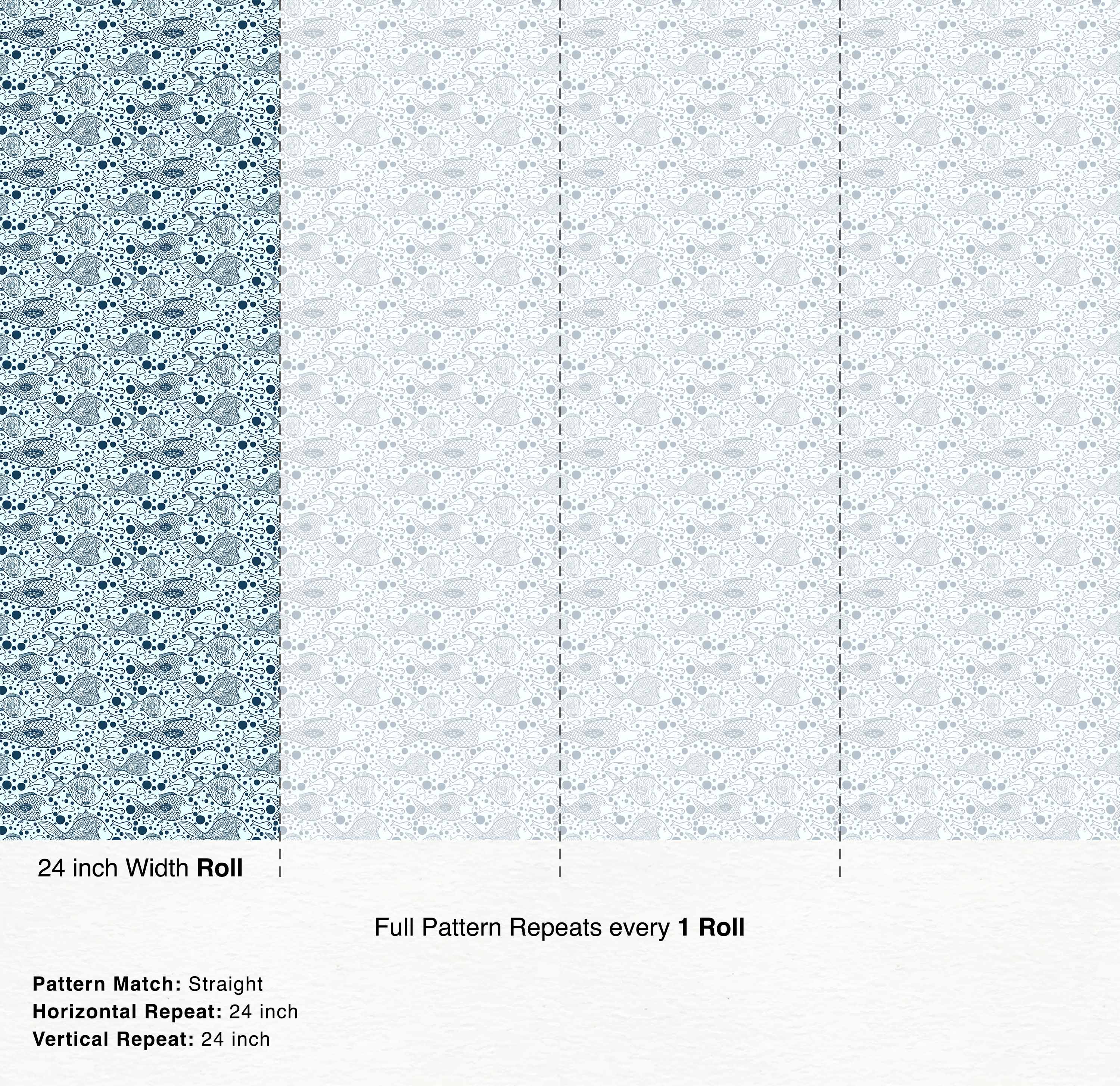 Wallpaper featuring a repeating pattern of illustrated fish and bubbles in shades of blue and gray.