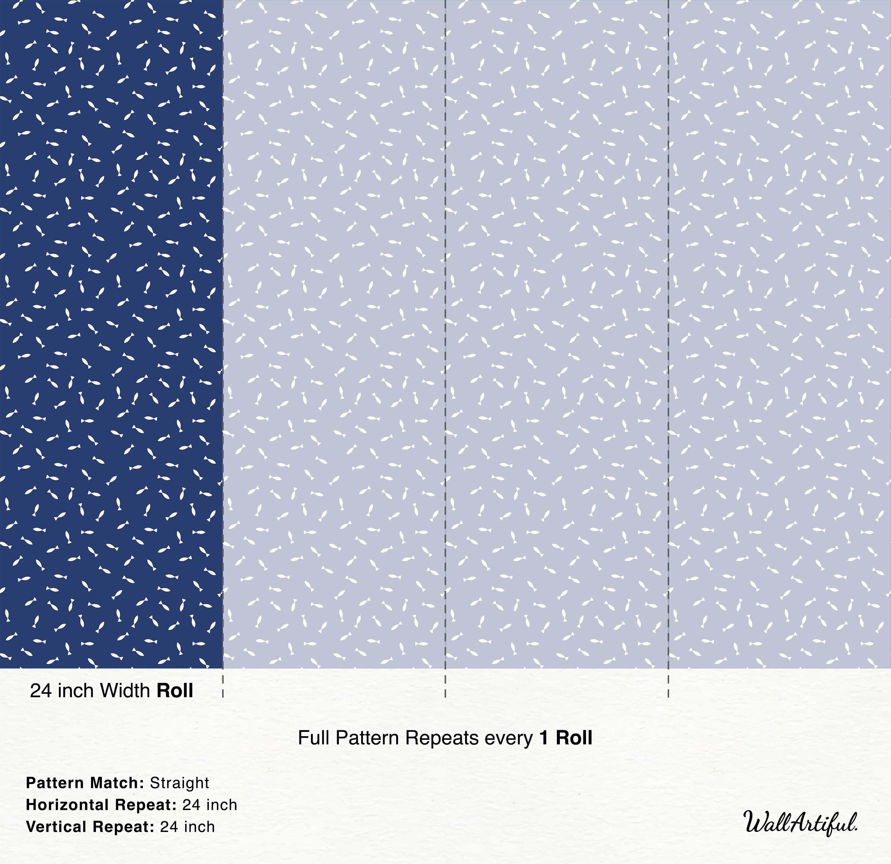 Wallpaper with a scattered pattern of small, stylized white fish on a dark blue and periwinkle background.