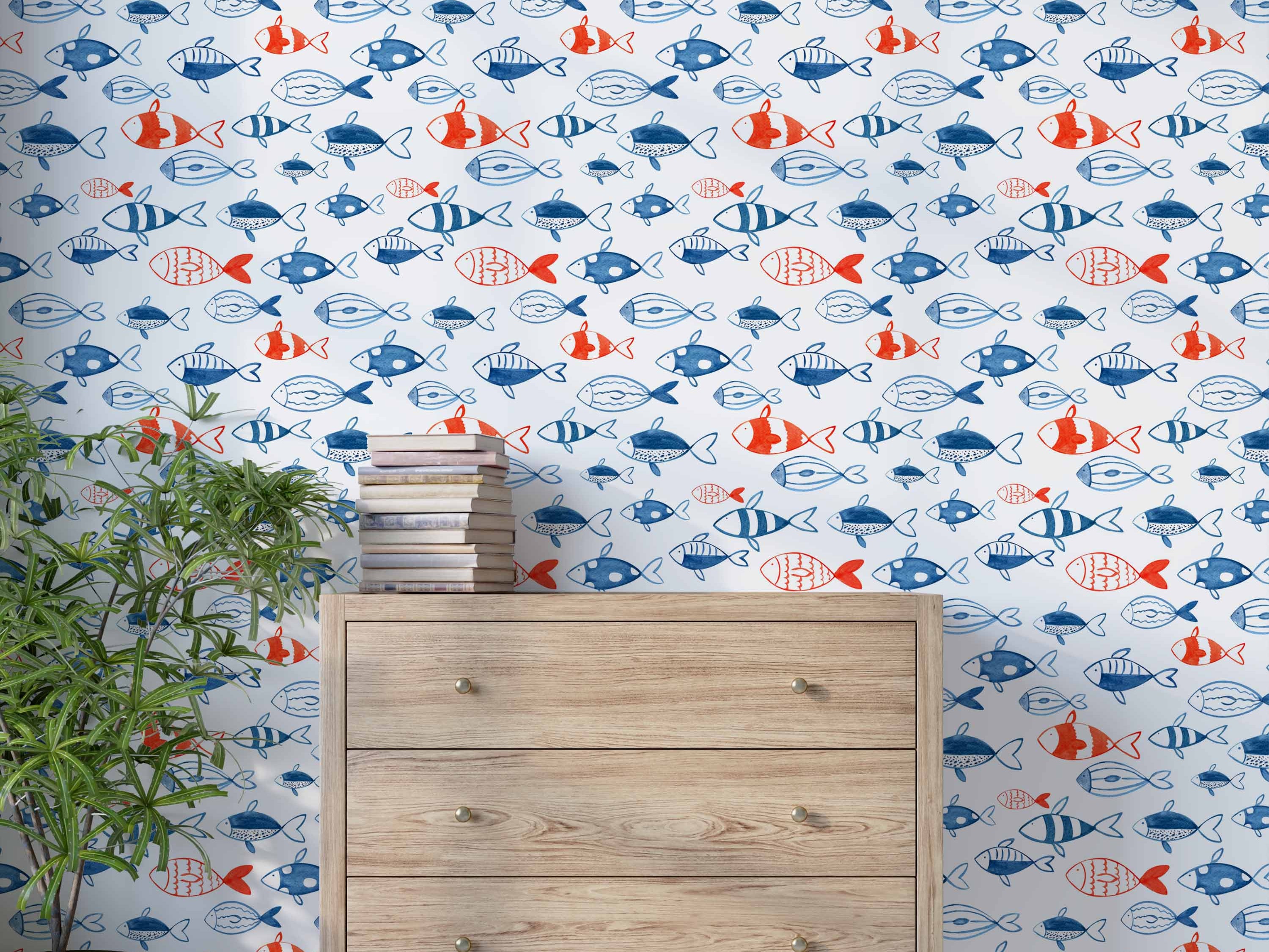 Wallpaper featuring a repeating pattern of stylized fish illustrations in shades of blue and red on a white background.