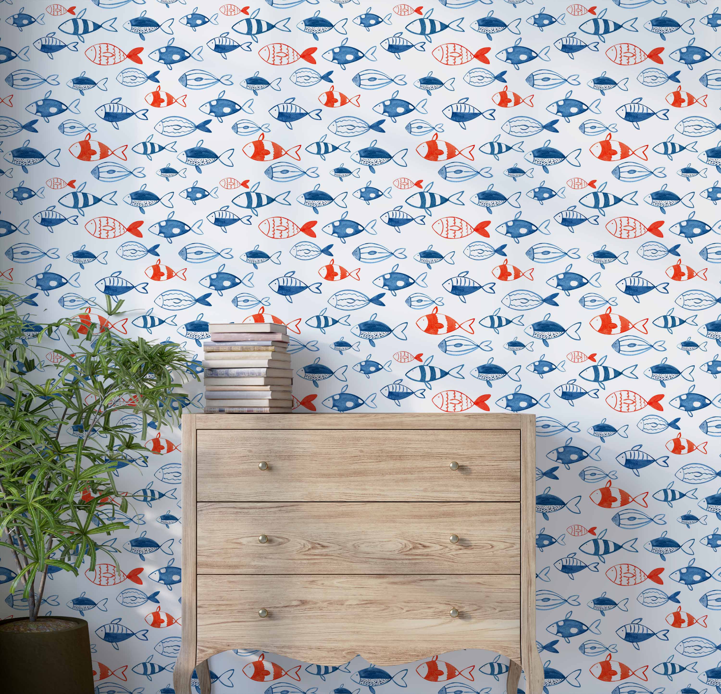 Wallpaper featuring a repeating pattern of stylized fish illustrations in shades of blue and red on a white background.