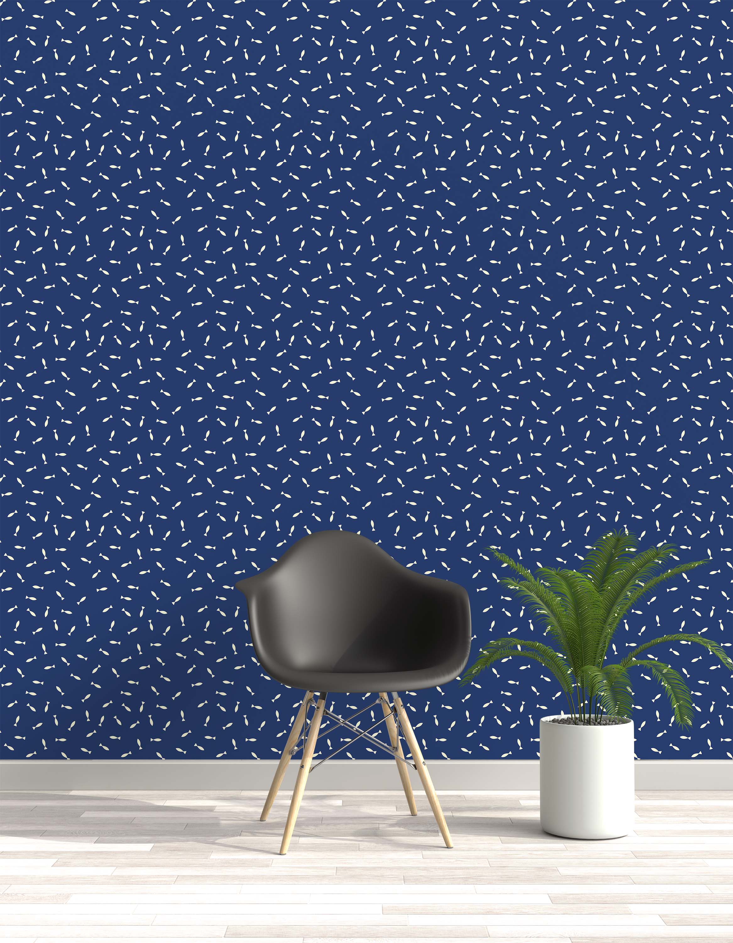 A playful wallpaper featuring a dense pattern of small, cream-colored fish scattered across a deep blue background.