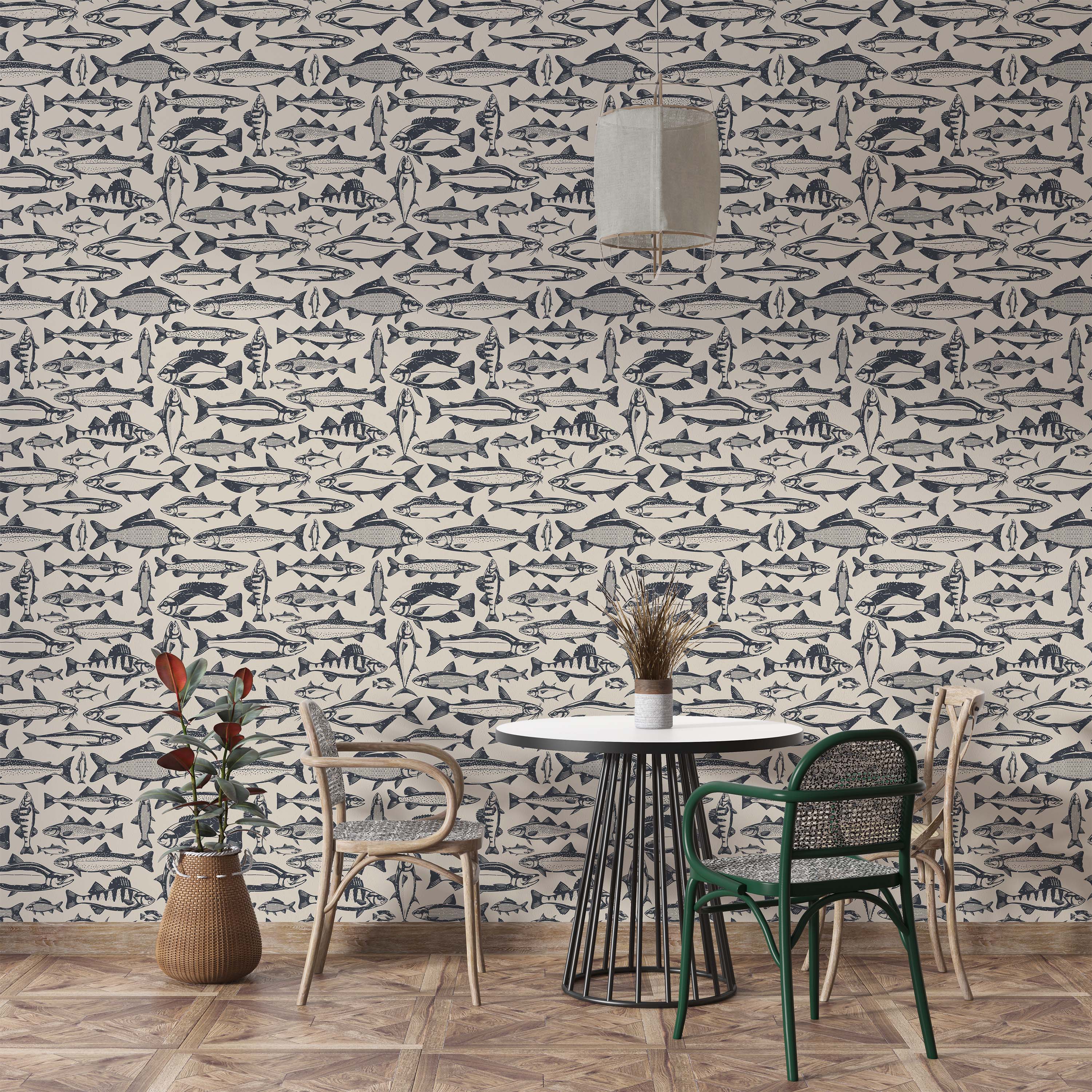 Wallpaper with an illustrative pattern of various fish in dark navy blue ink on a light beige background.