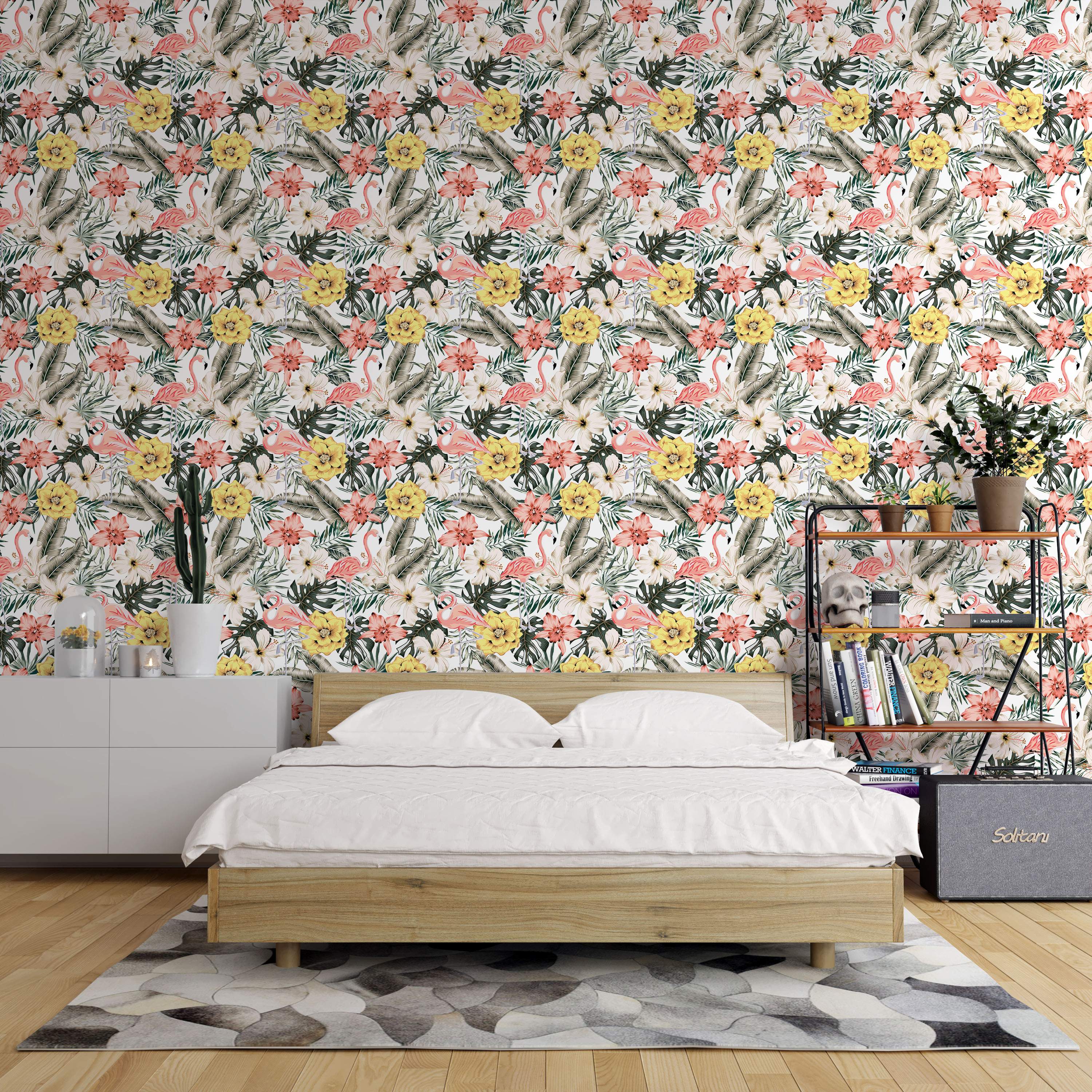 Tropical wallpaper design featuring pink flamingos, yellow flowers, pink flowers, white hibiscus, and green leaves on a white base.