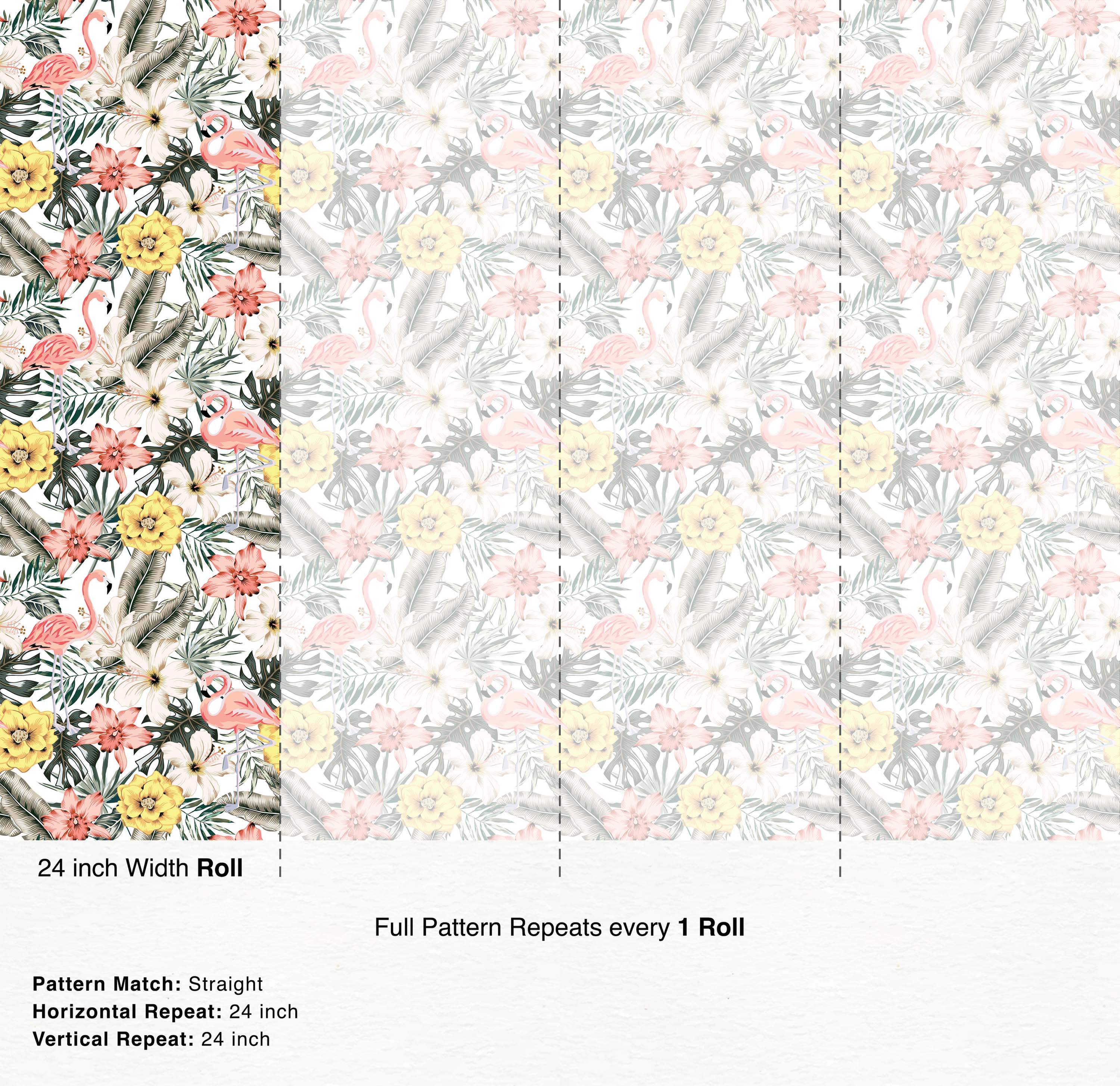Tropical wallpaper with pink flamingos, white hibiscus, yellow and pink flowers, and lush green leaves on white.