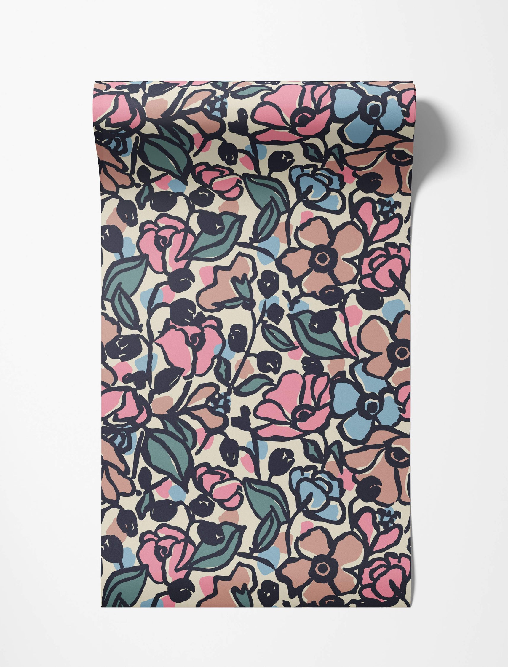Abstract floral wallpaper with pink, dusty rose, light blue, and green flowers outlined in black on a cream background.