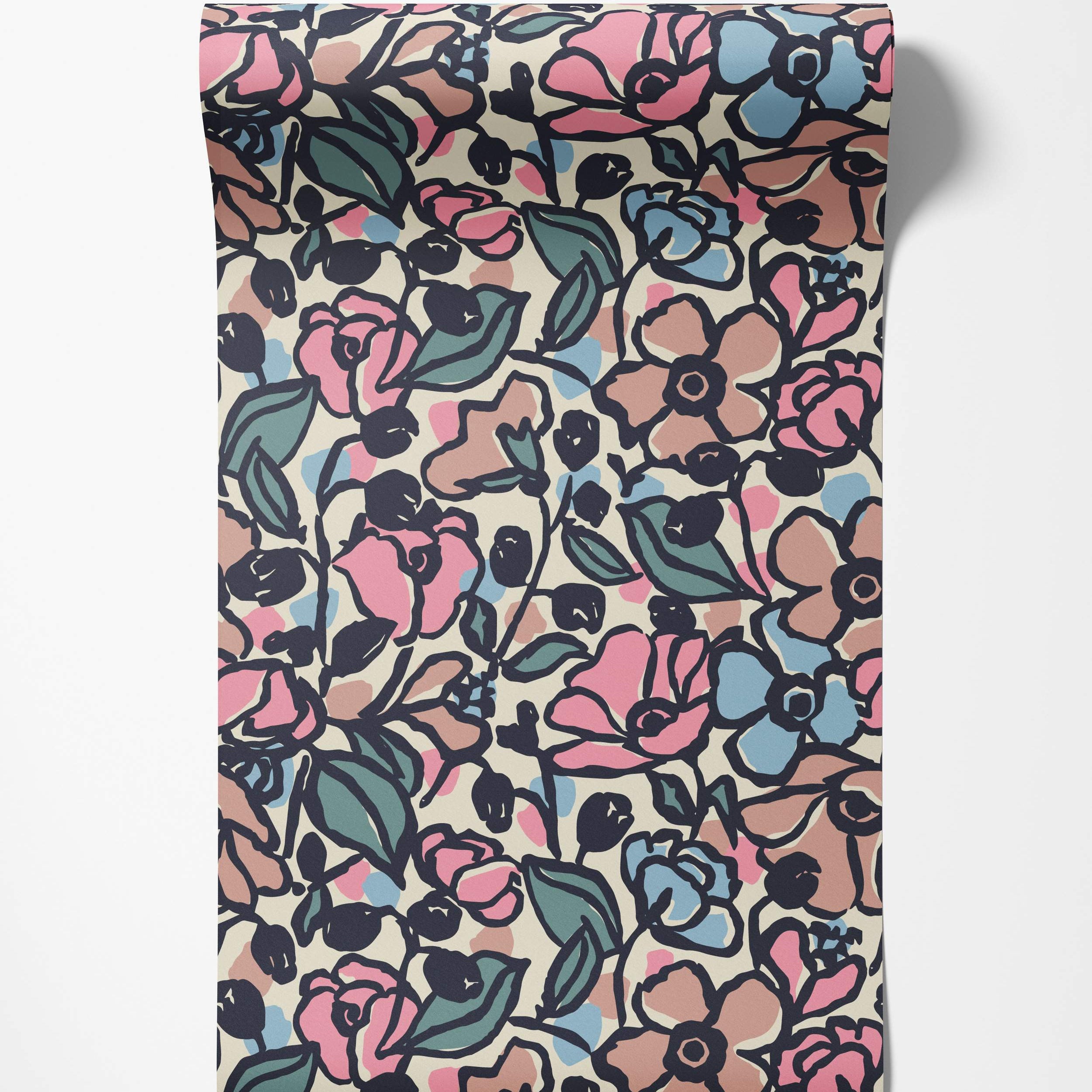 Abstract floral wallpaper with pink, dusty rose, light blue, and green flowers outlined in black on a cream background.