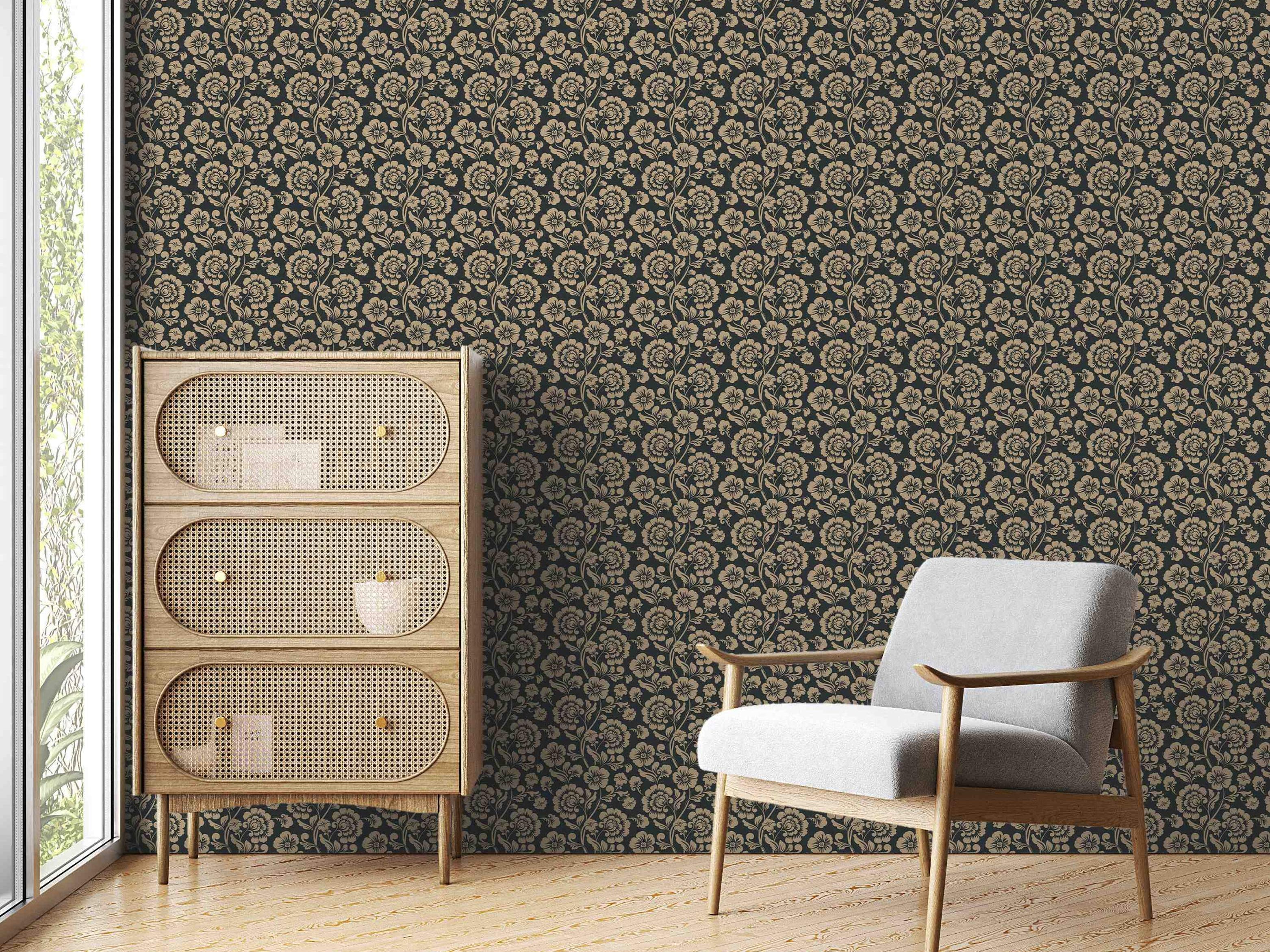 Wallpaper featuring a traditional beige floral vine pattern set against a dark background.