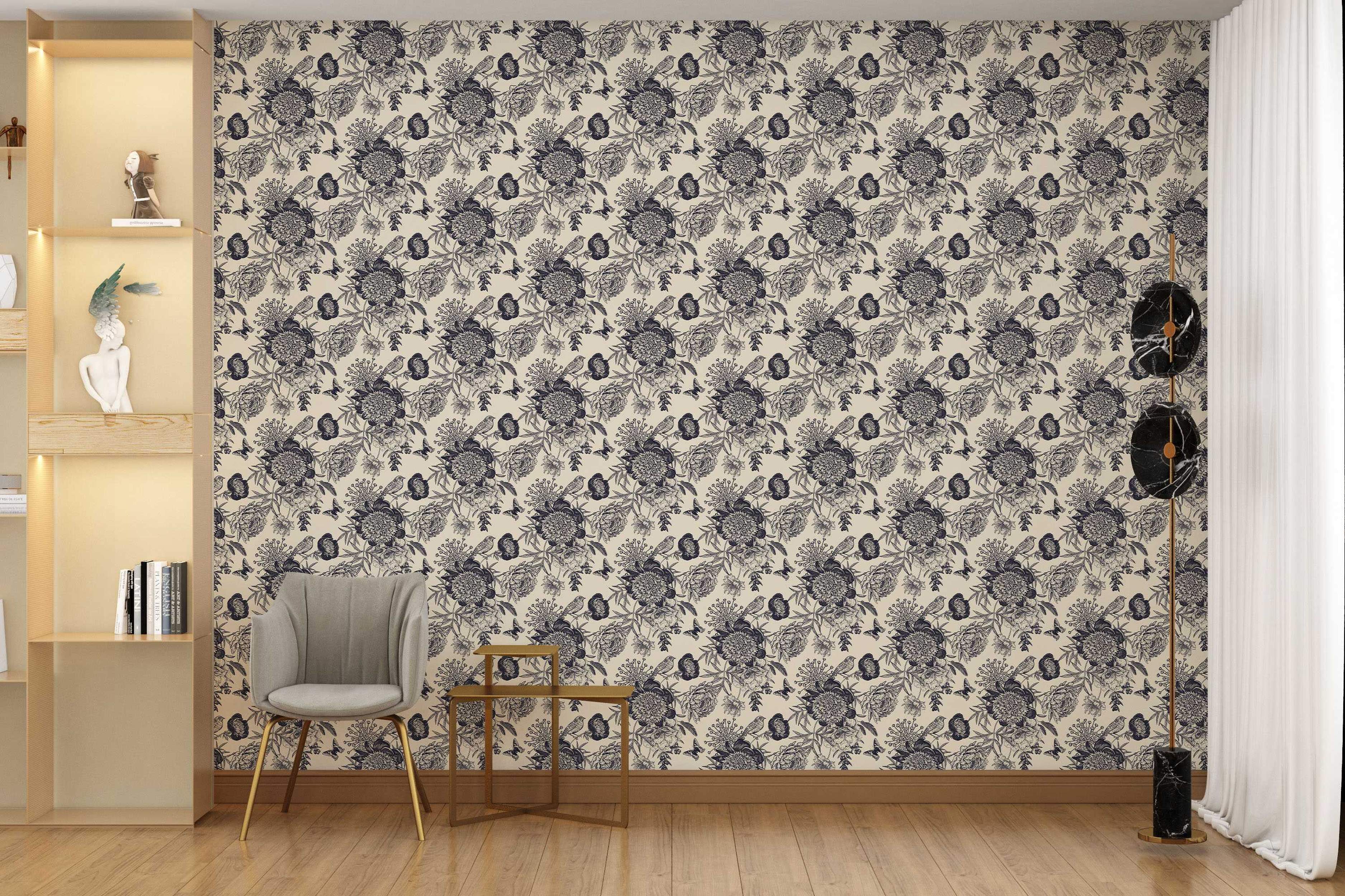 Repeating wallpaper featuring intricate blue line drawings of flowers, birds, and butterflies on a beige background.