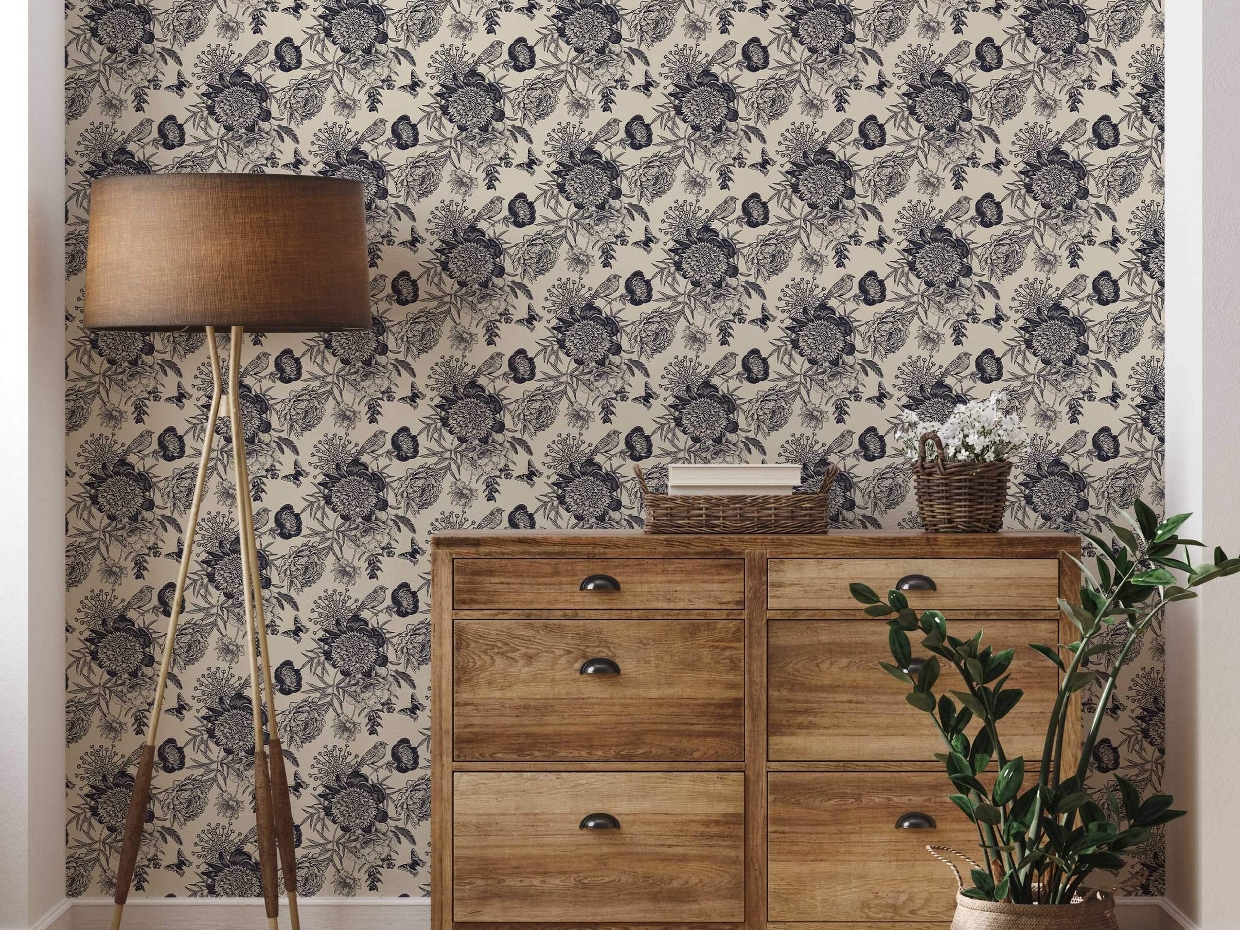 Etched floral wallpaper featuring dark blue peonies, birds, and butterflies on a beige background.