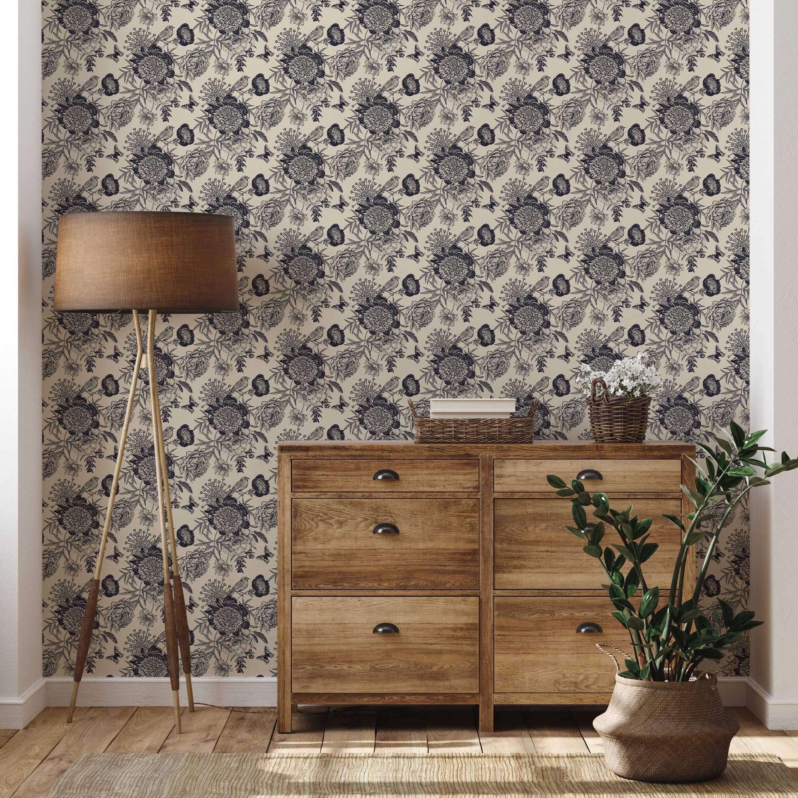 Etched floral wallpaper featuring dark blue peonies, birds, and butterflies on a beige background.
