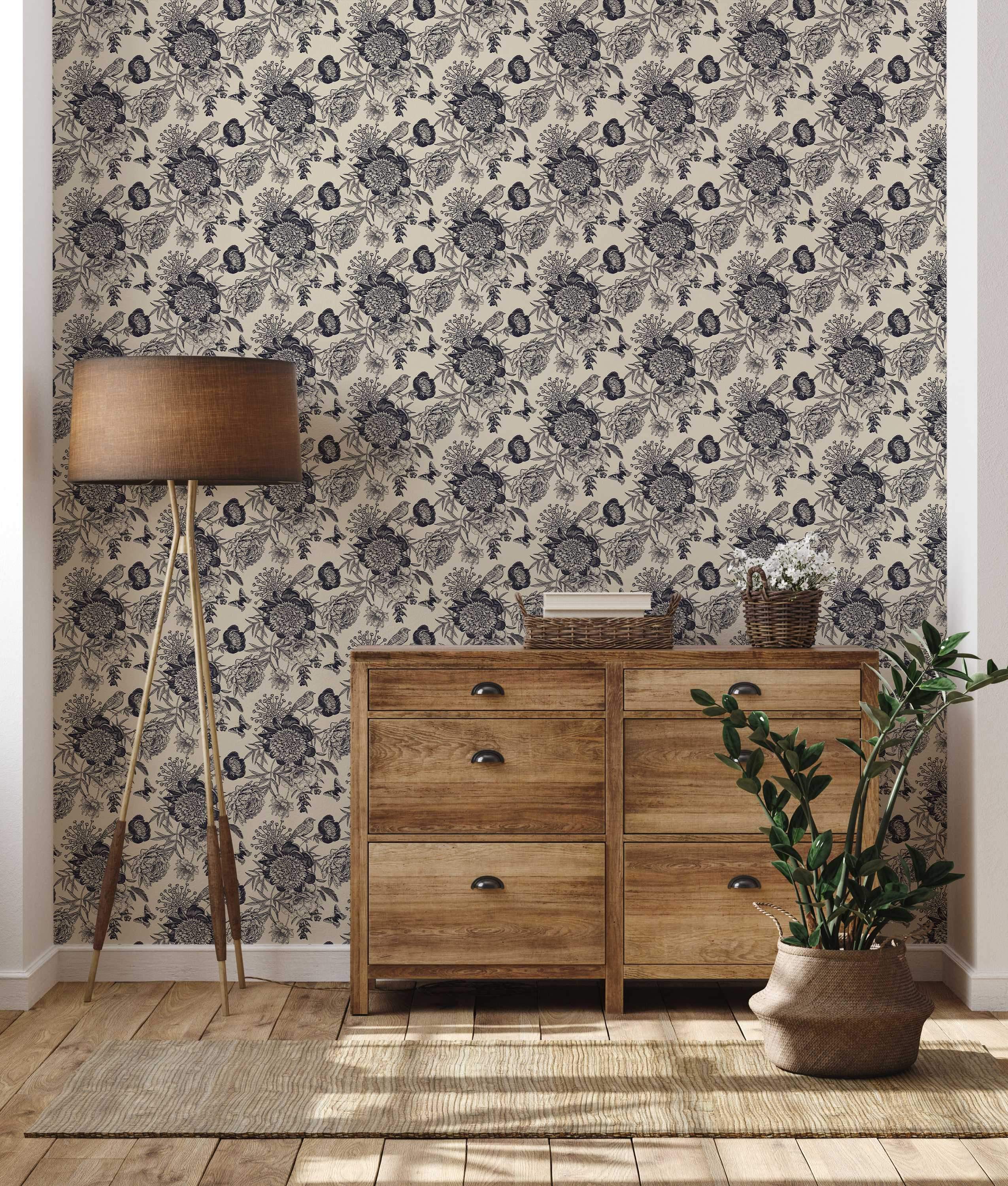 Etched floral wallpaper featuring dark blue peonies, birds, and butterflies on a beige background.