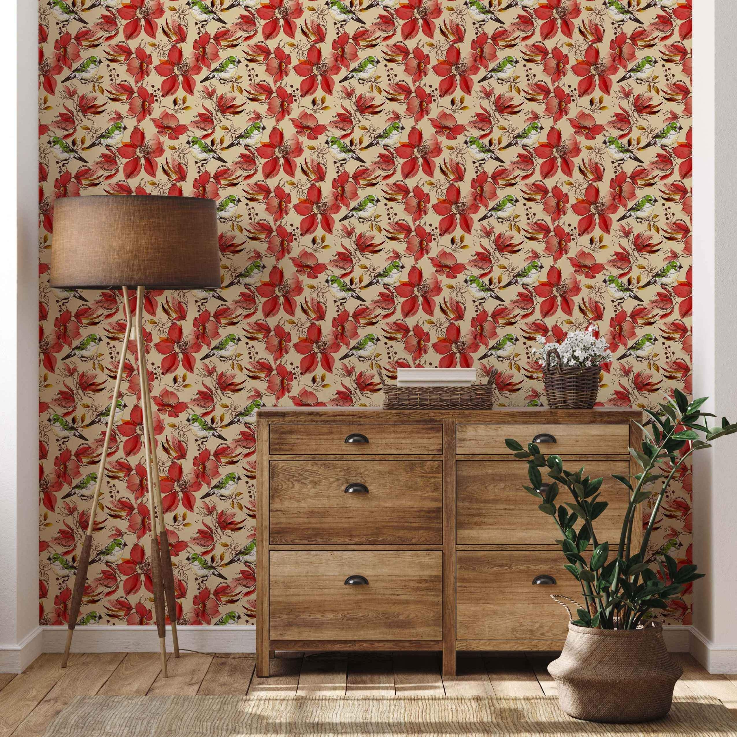Wallpaper featuring a repeating pattern of sketched red flowers and green birds on a light beige background.