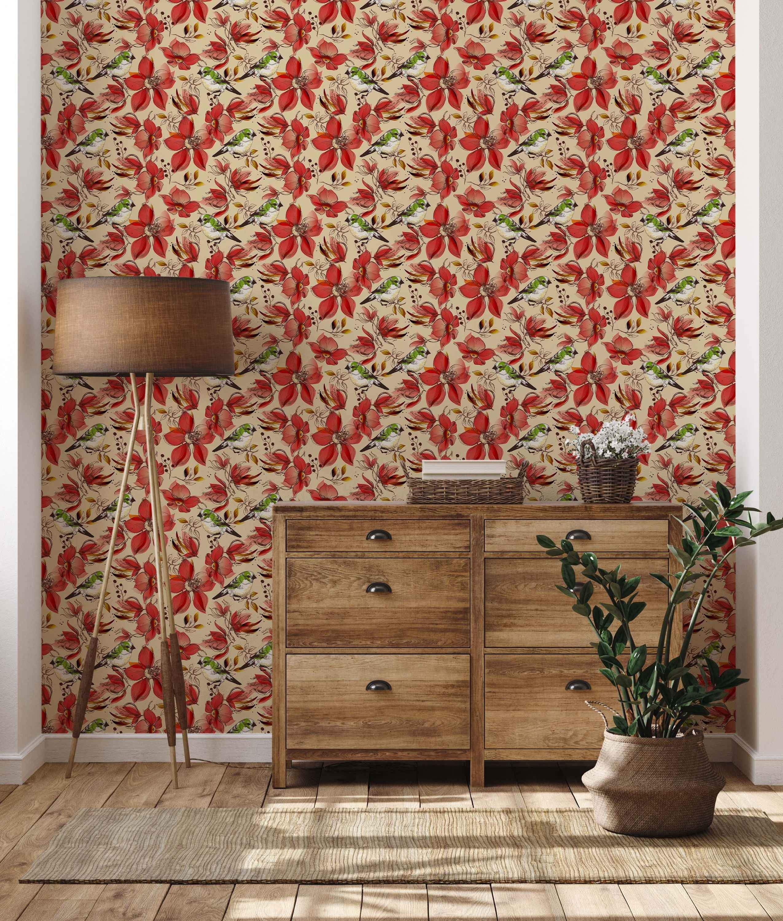 Wallpaper featuring a repeating pattern of sketched red flowers and green birds on a light beige background.