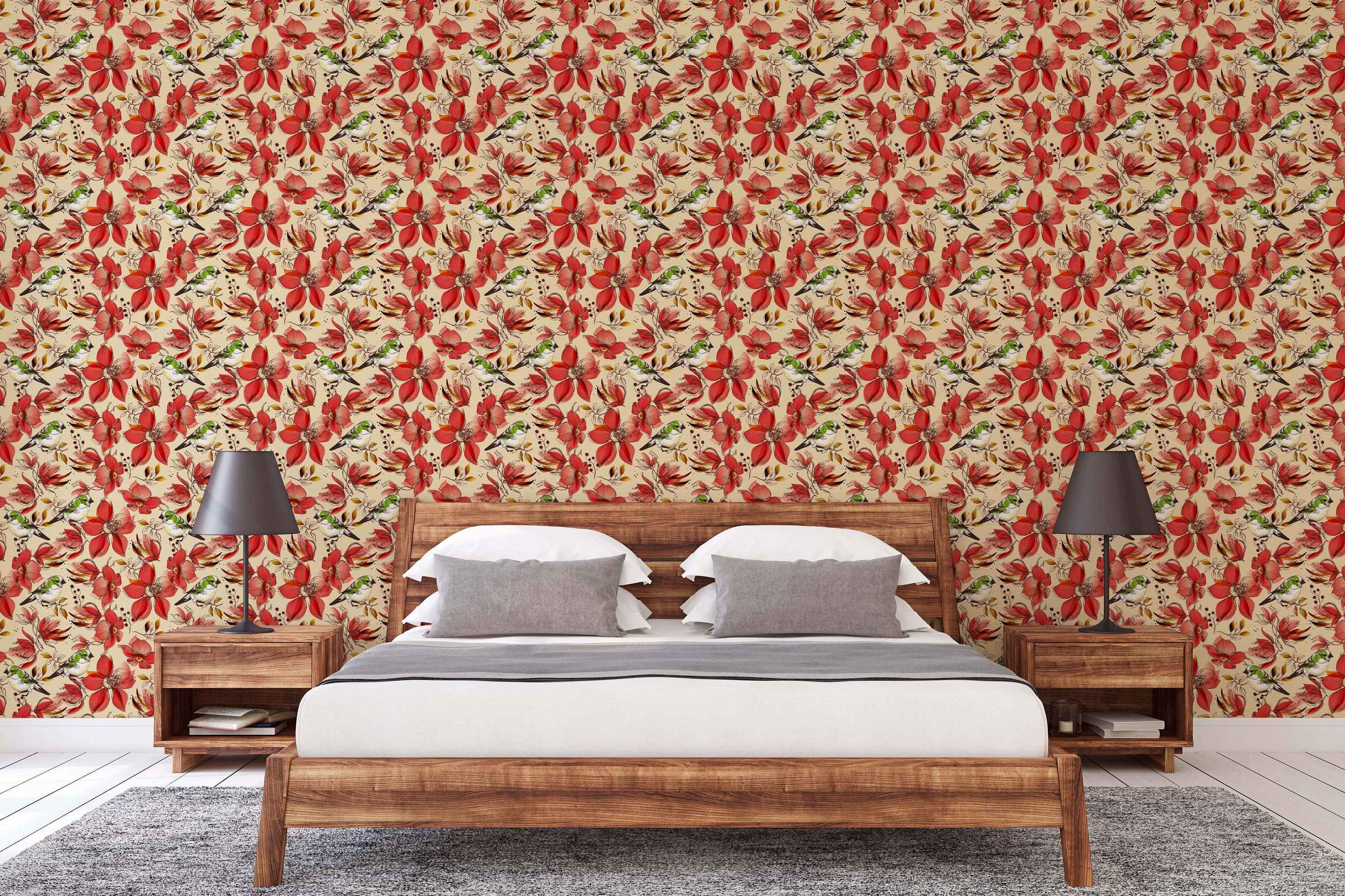 Wallpaper featuring a repeating pattern of painterly red flowers and small green and white birds on a light beige background.