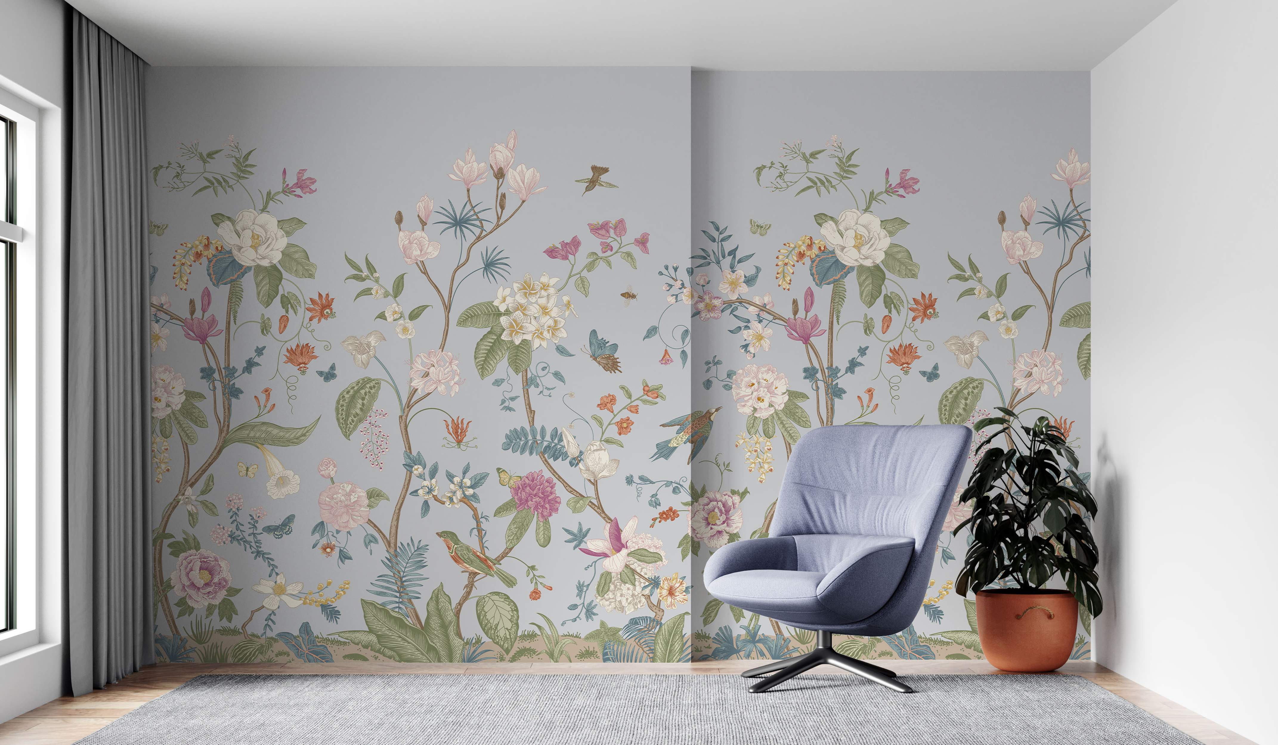 Chinoiserie floral mural with birds and butterflies in pink, white, and green on a pale blue background.