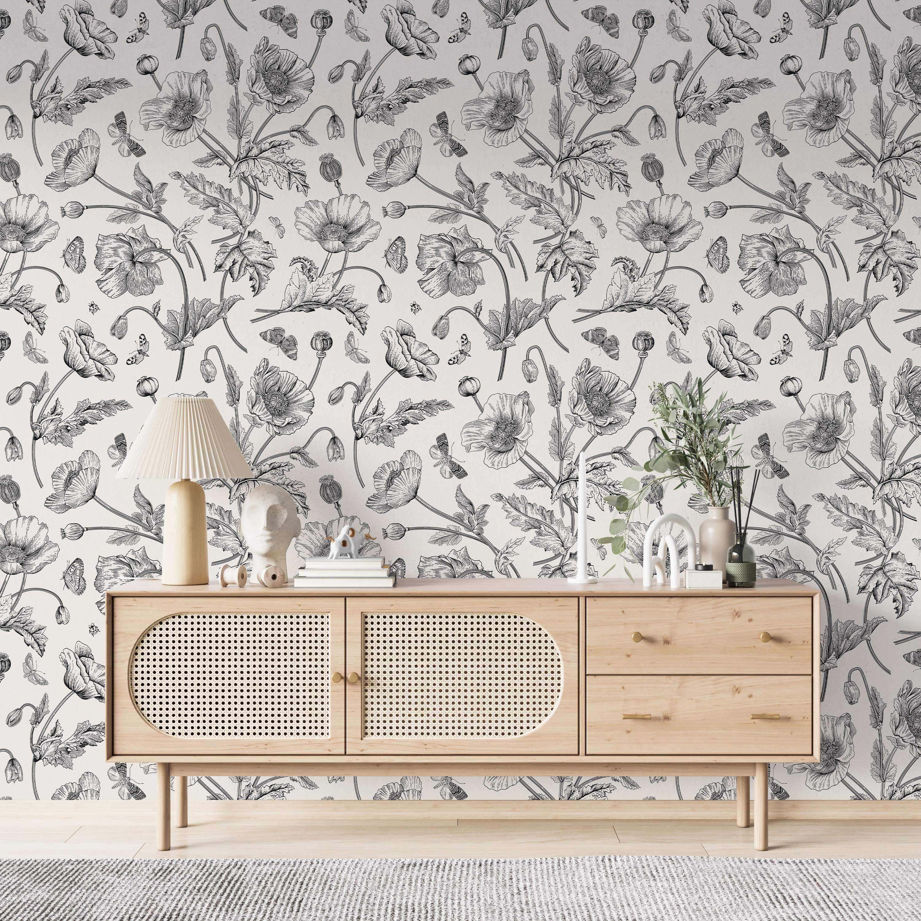 Black and white floral wallpaper with botanical pattern