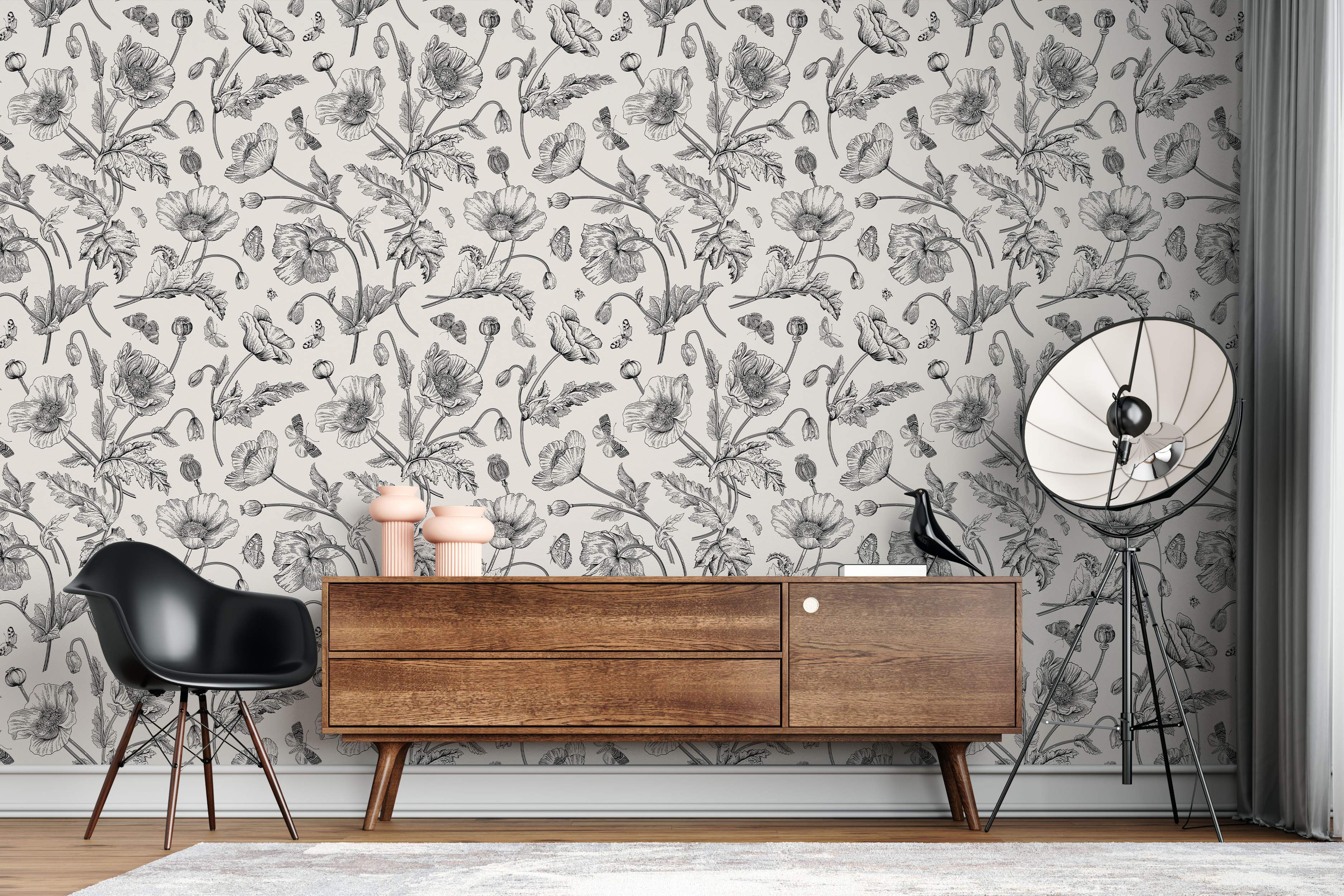 Black and white floral sketch wallpaper with intricate design