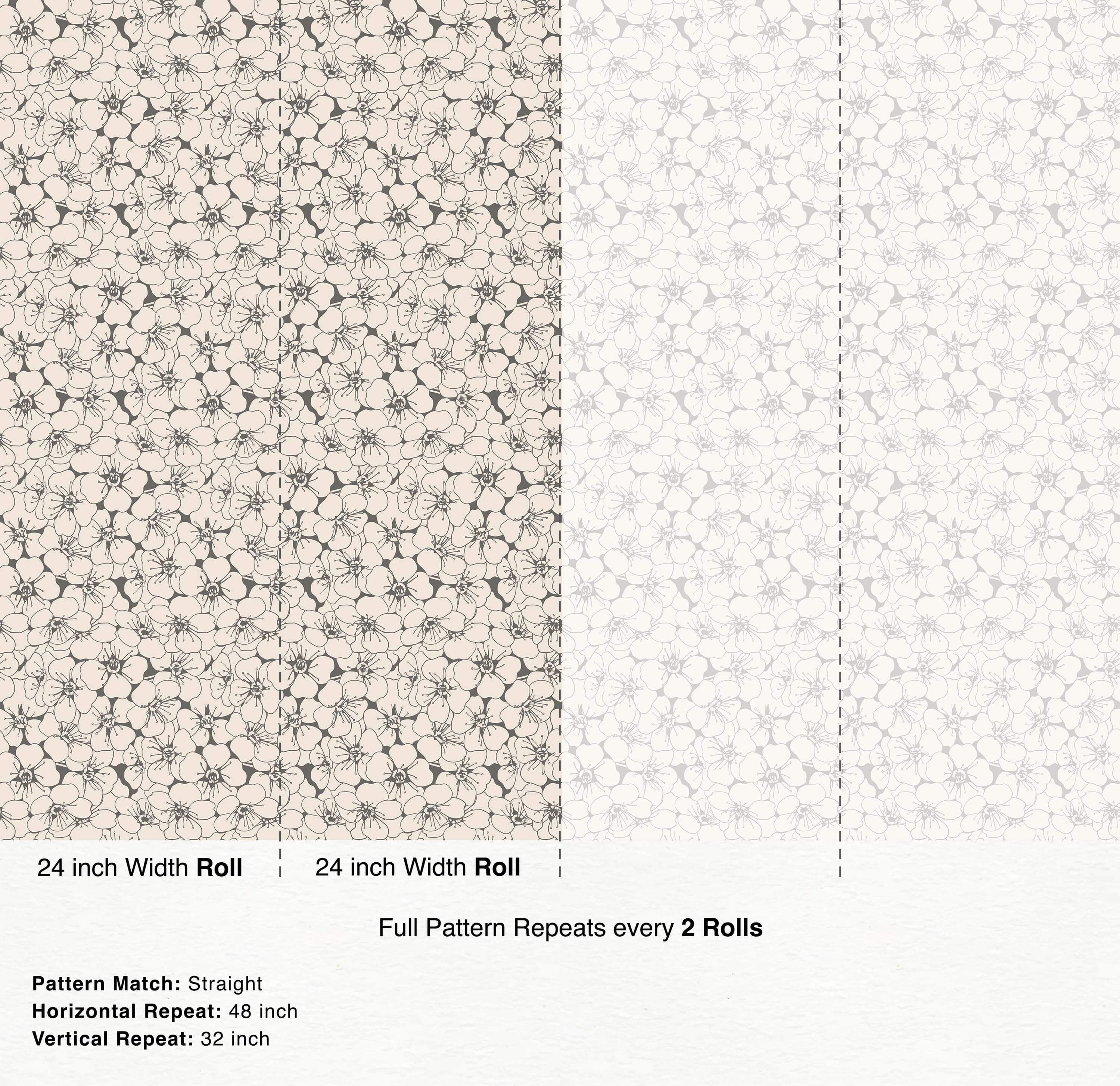Line art floral wallpaper featuring dark gray cherry blossoms densely packed on a soft beige background.