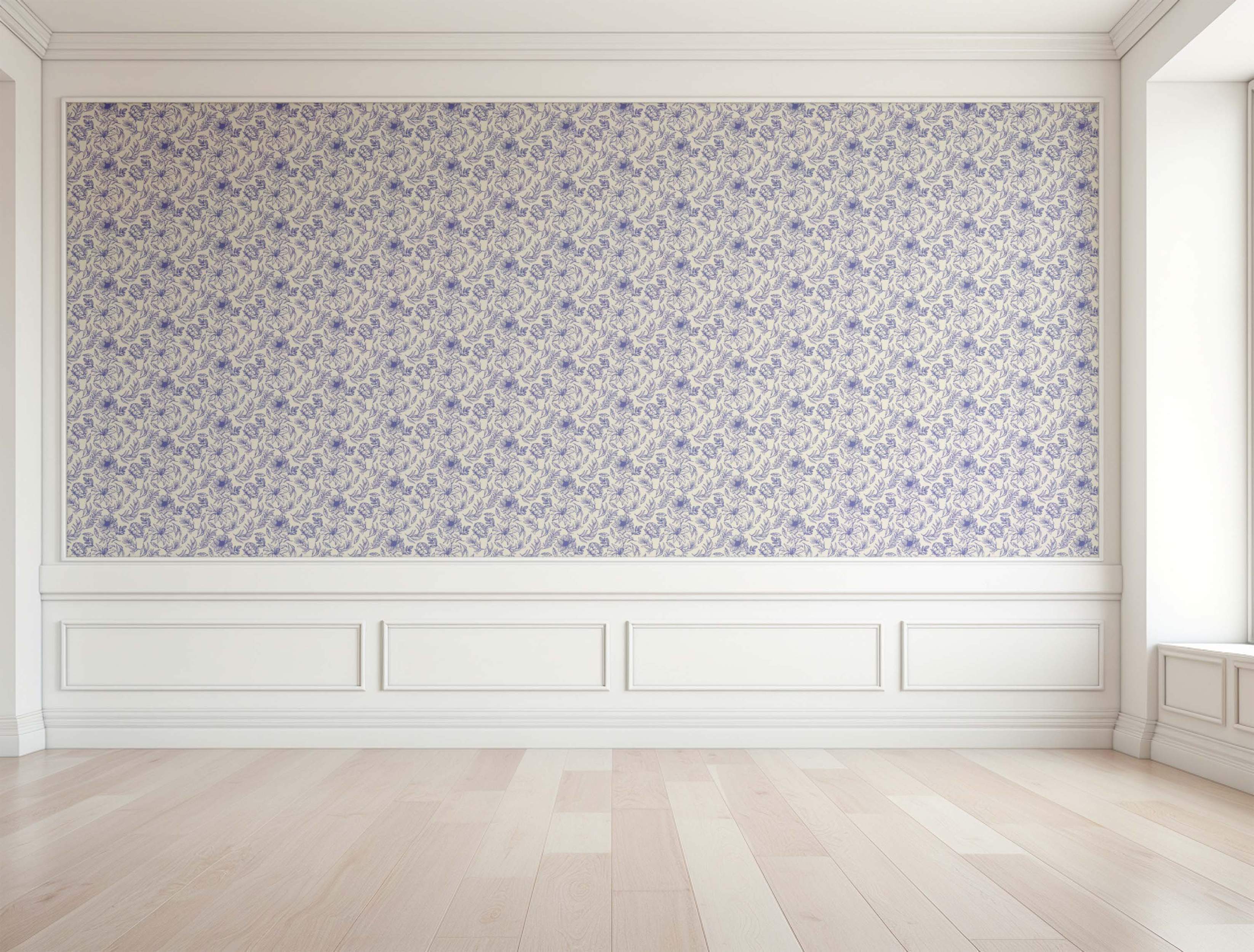 Blue sketched floral pattern wallpaper on a light cream background.