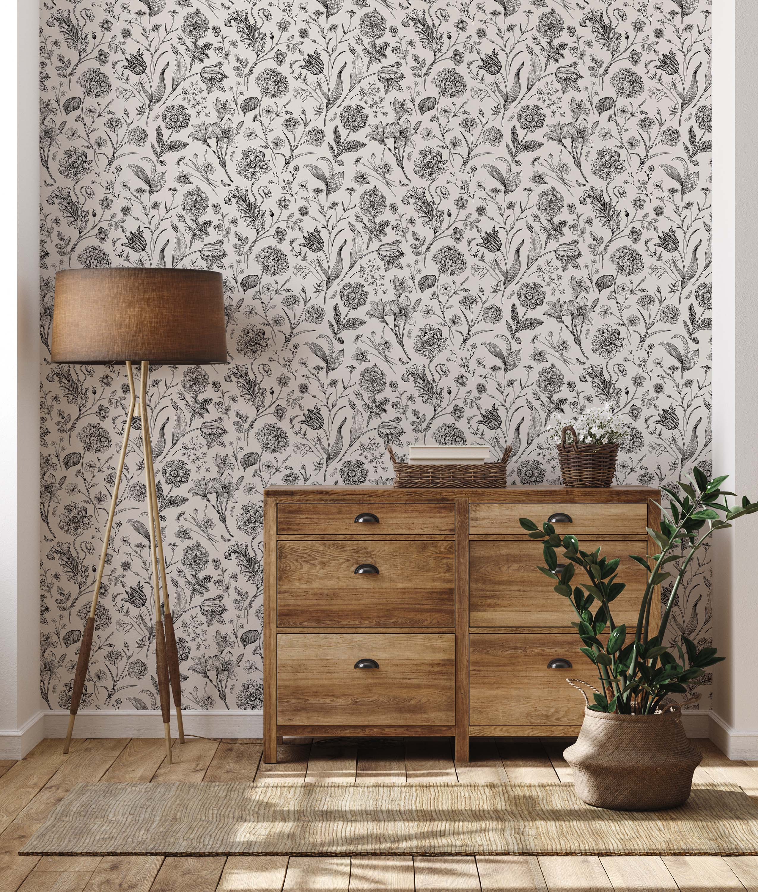 Wallpaper featuring a dense, detailed botanical print in black ink on an off-white background.