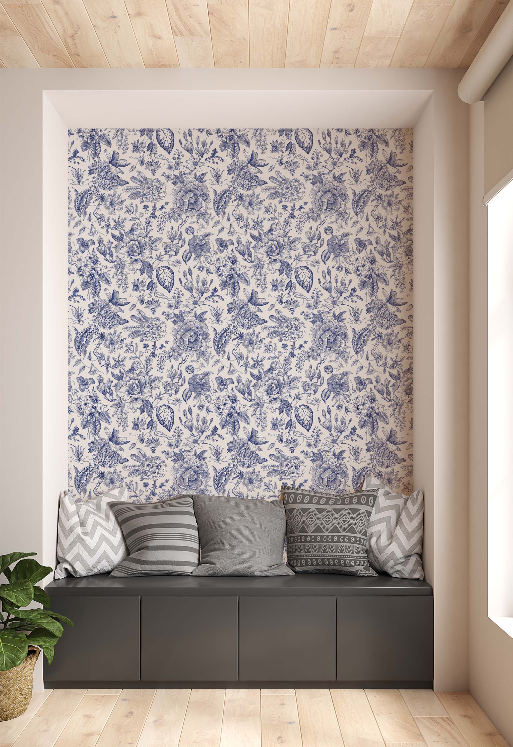 Intricate botanical wallpaper with detailed, hand-drawn floral and leaf motifs in a classic blue on a cream background.