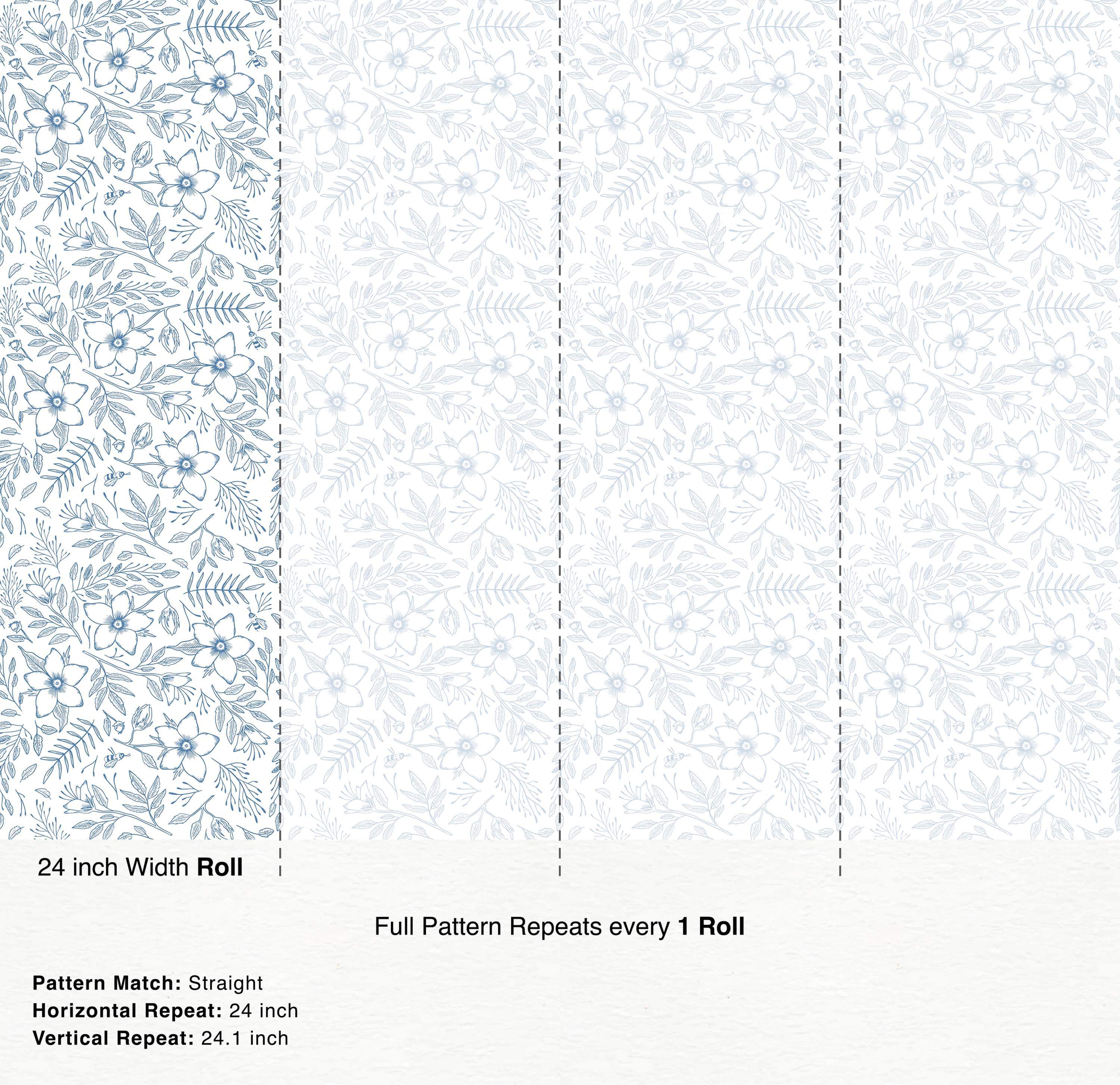 Blue sketch-style floral and botanical wallpaper featuring flowers, leaves, and bees on a white background.