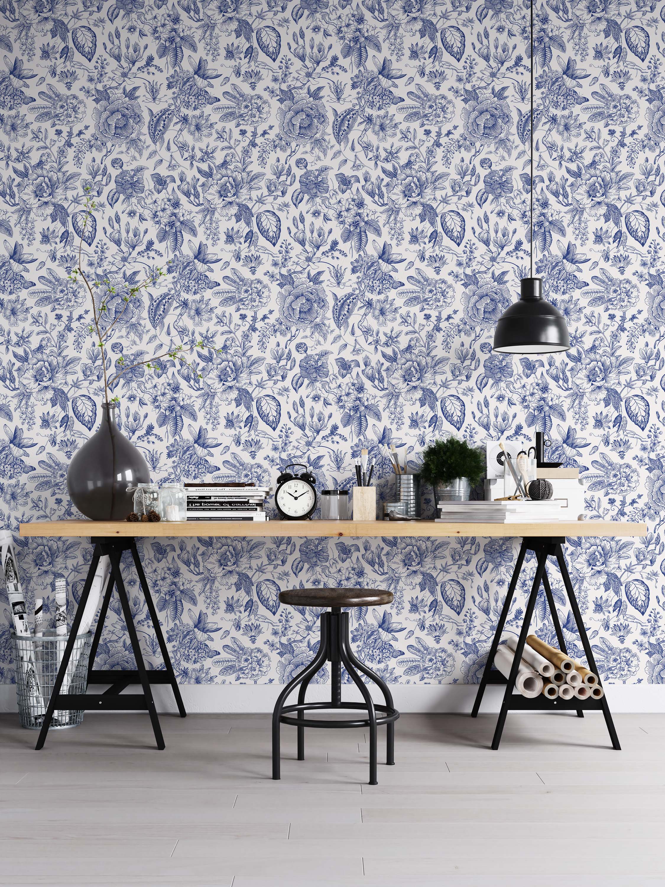 Intricate botanical wallpaper with detailed, hand-drawn style flowers and leaves in blue ink on a crisp white background.