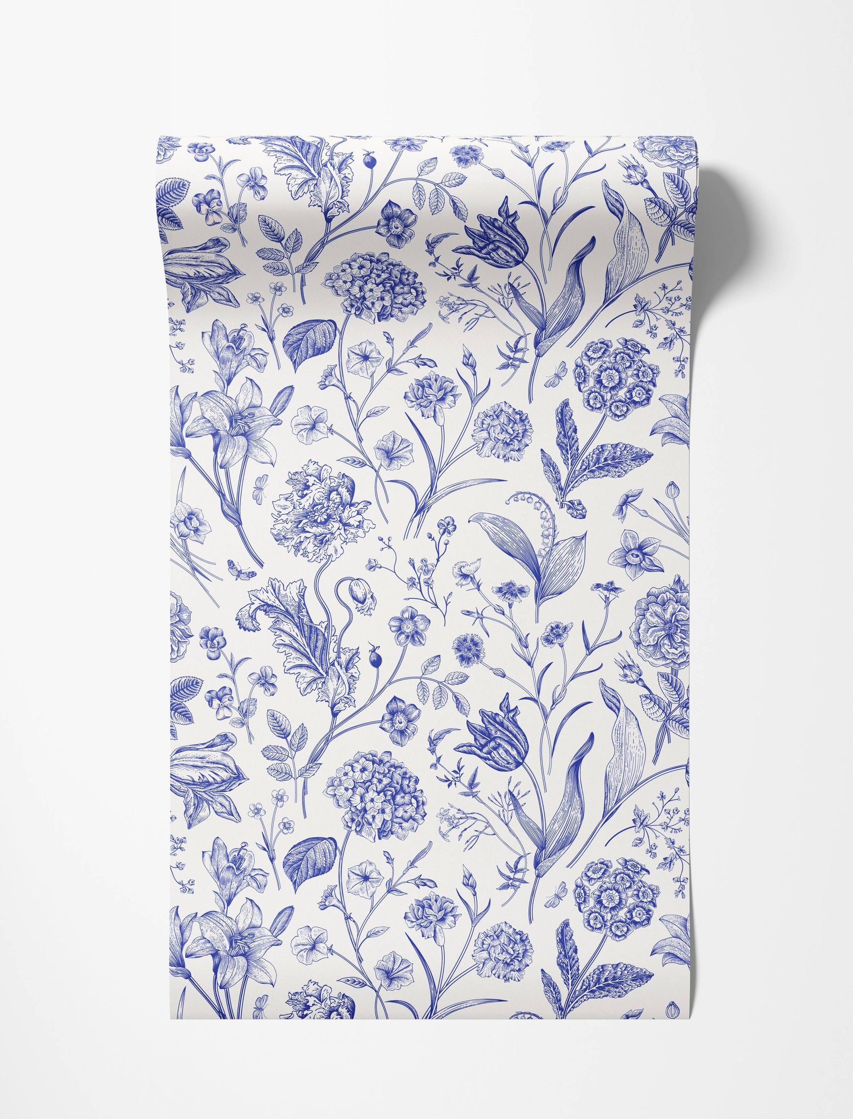 Vintage botanical wallpaper with intricate blue floral illustrations on a white background, featuring a variety of flowers and leaves.