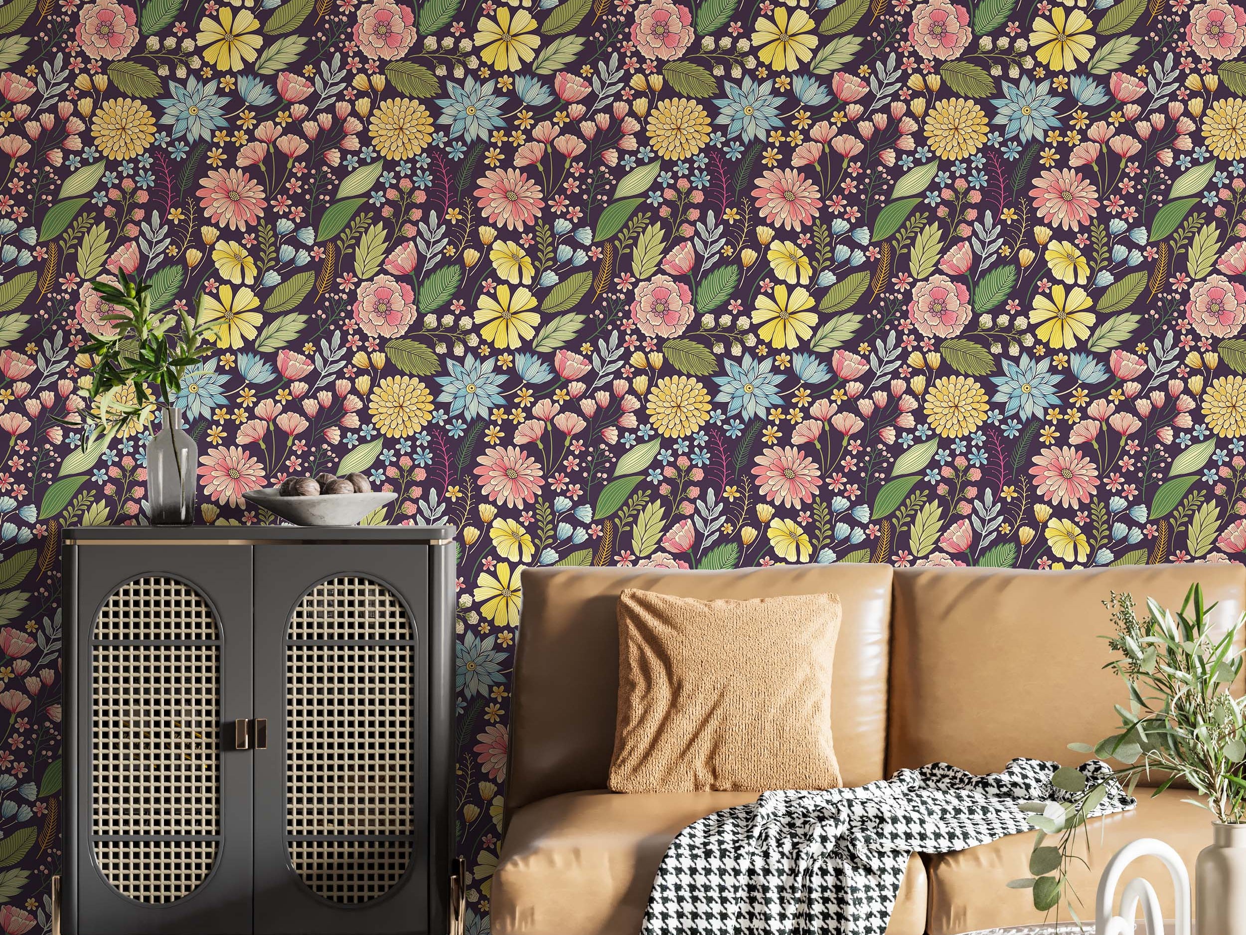 Dark purple wallpaper featuring a dense, stylized floral and botanical pattern with colorful flowers and green foliage.