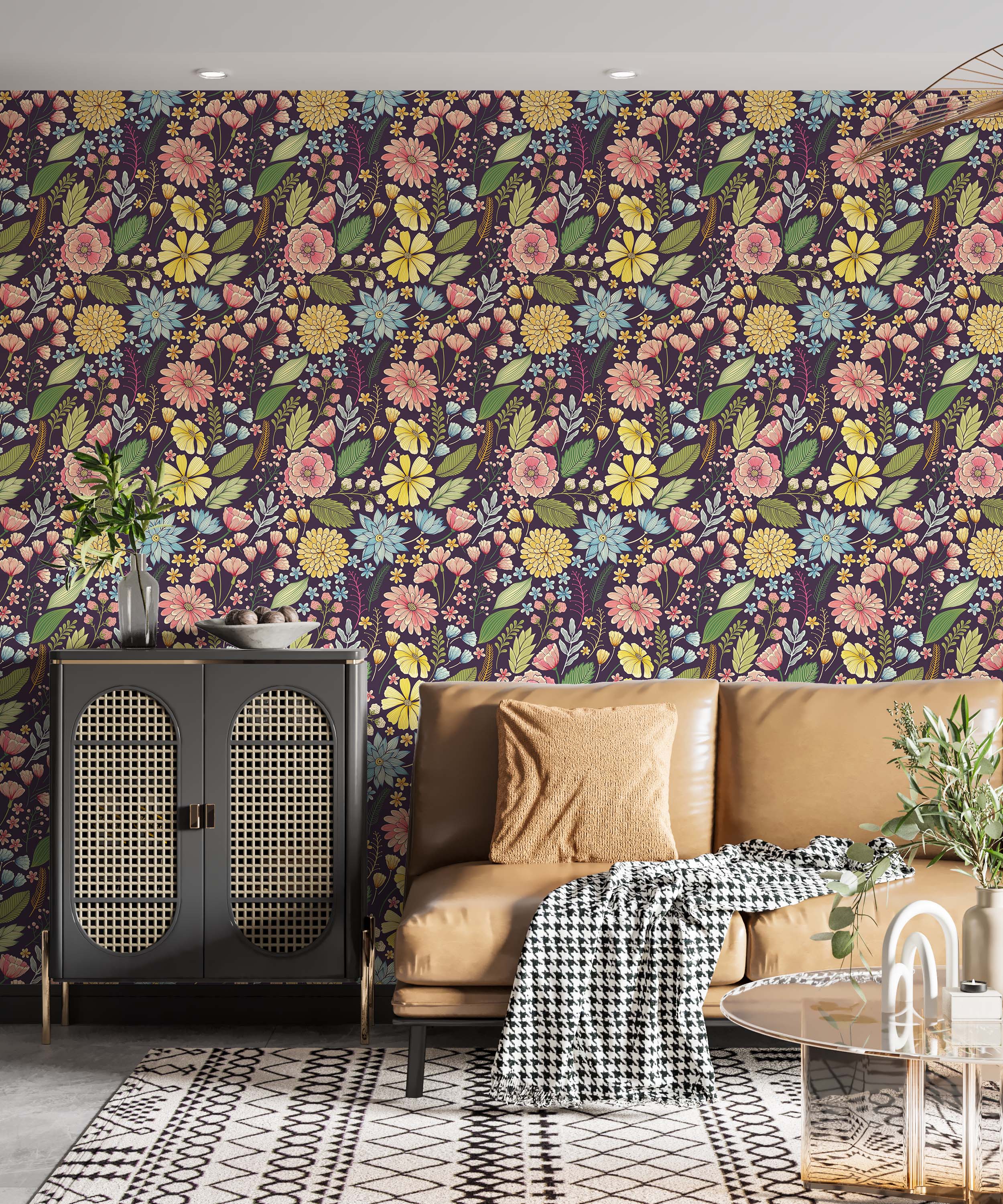 Dark purple wallpaper featuring a dense, stylized floral and botanical pattern with colorful flowers and green foliage.