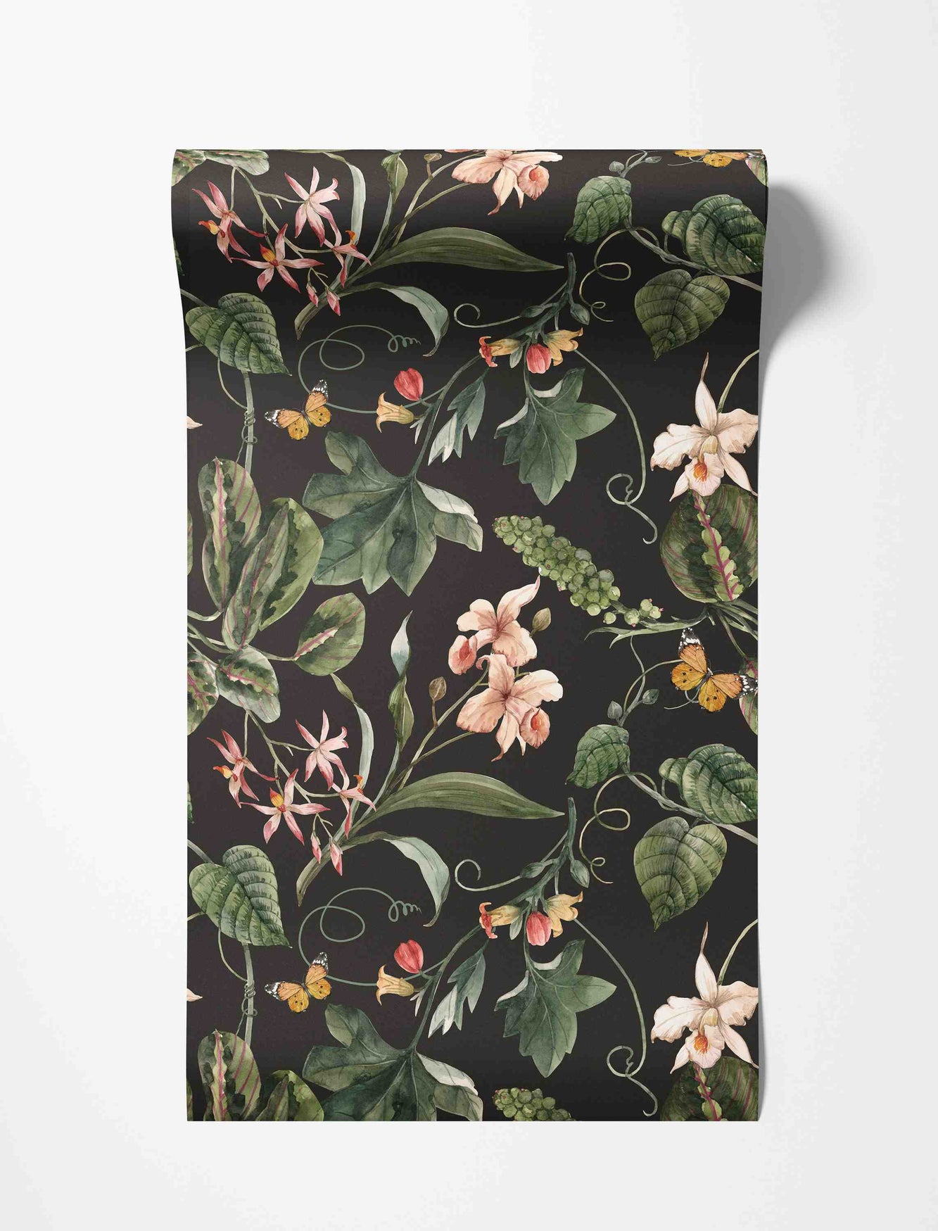 Vintage botanical wallpaper featuring pink and white orchids, green leaves, vines, and butterflies on a dark background.