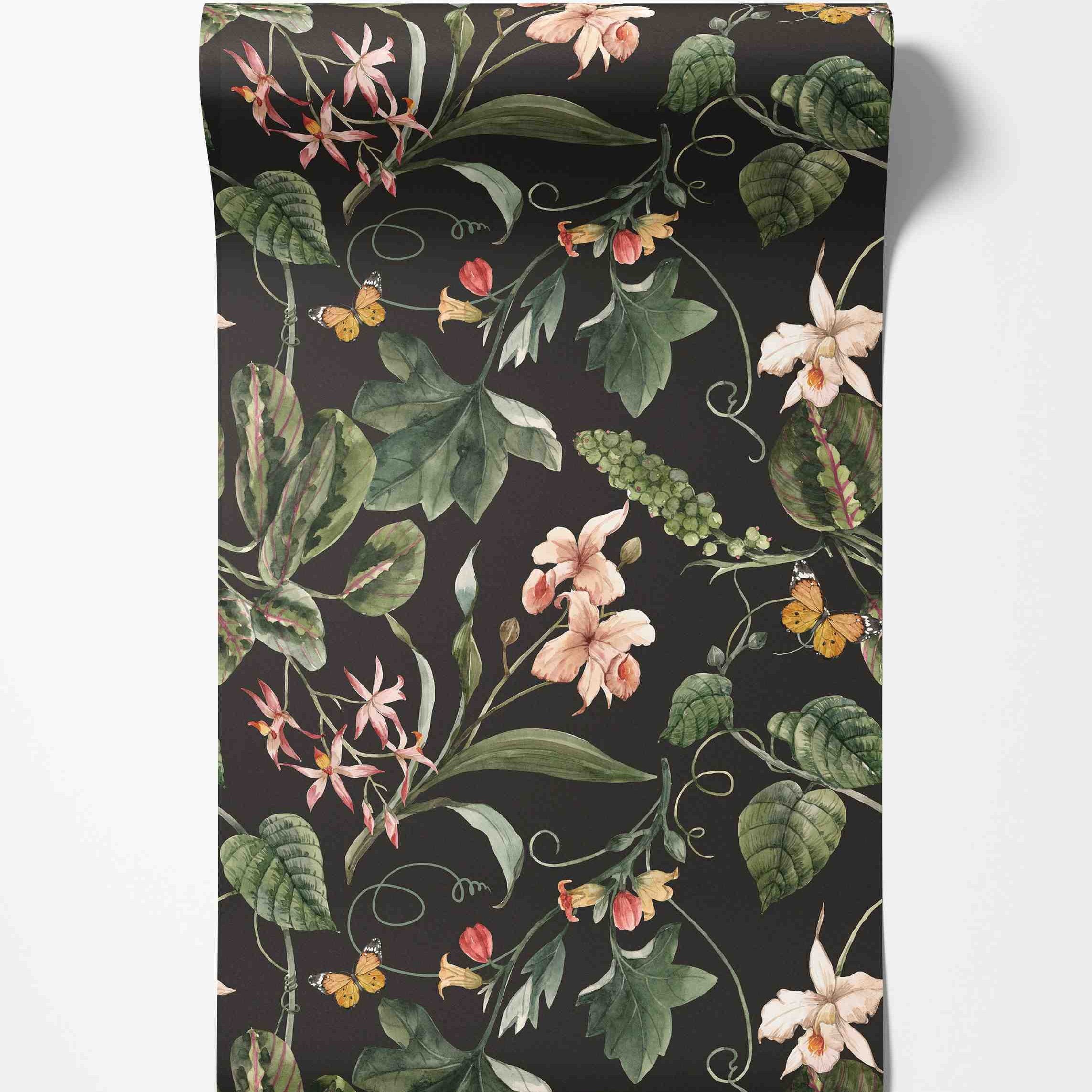 Vintage botanical wallpaper featuring pink and white orchids, green leaves, vines, and butterflies on a dark background.