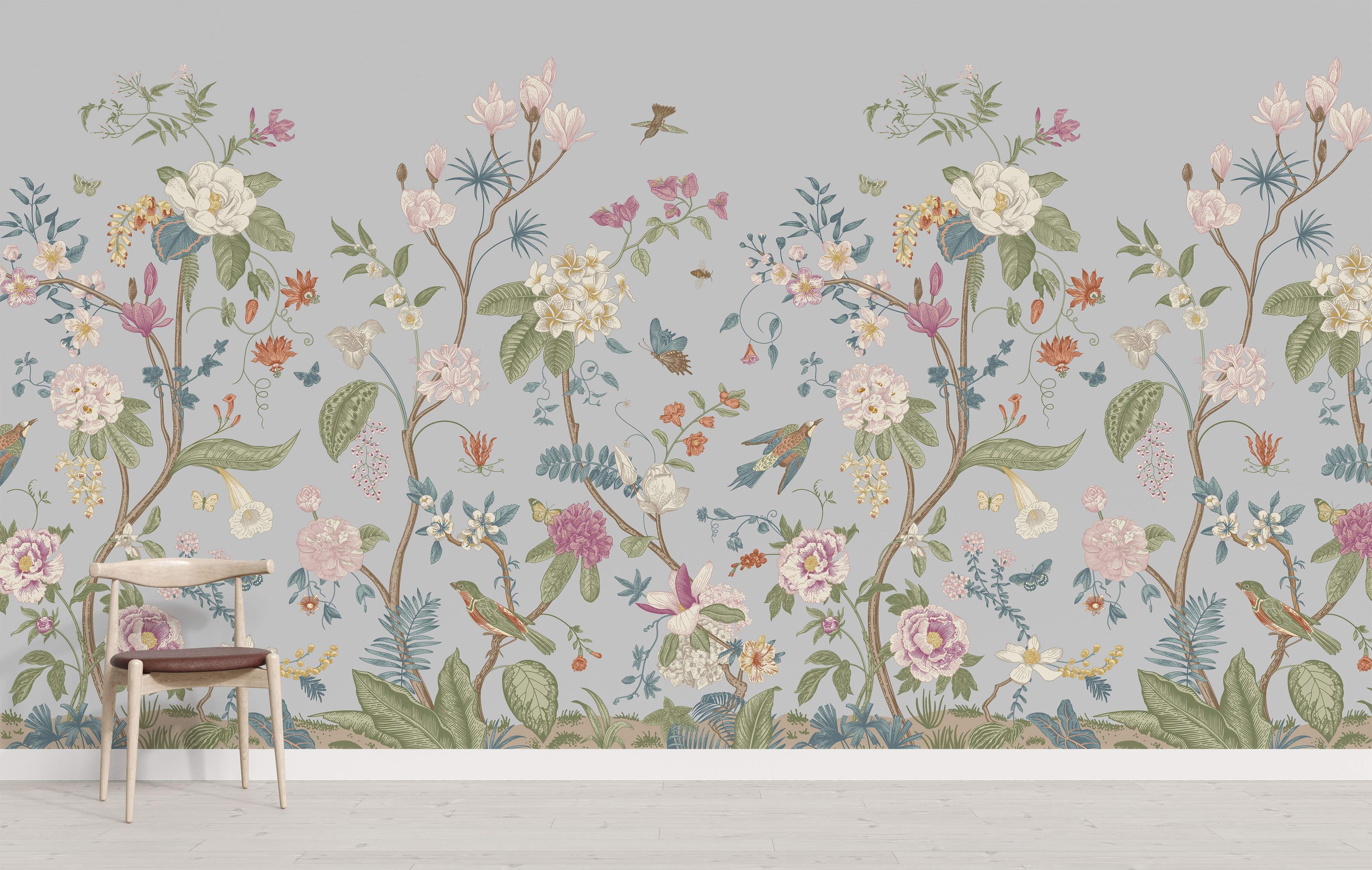 Vintage botanical wallpaper with pink, white, and green flowers, birds, and butterflies on a gray background.