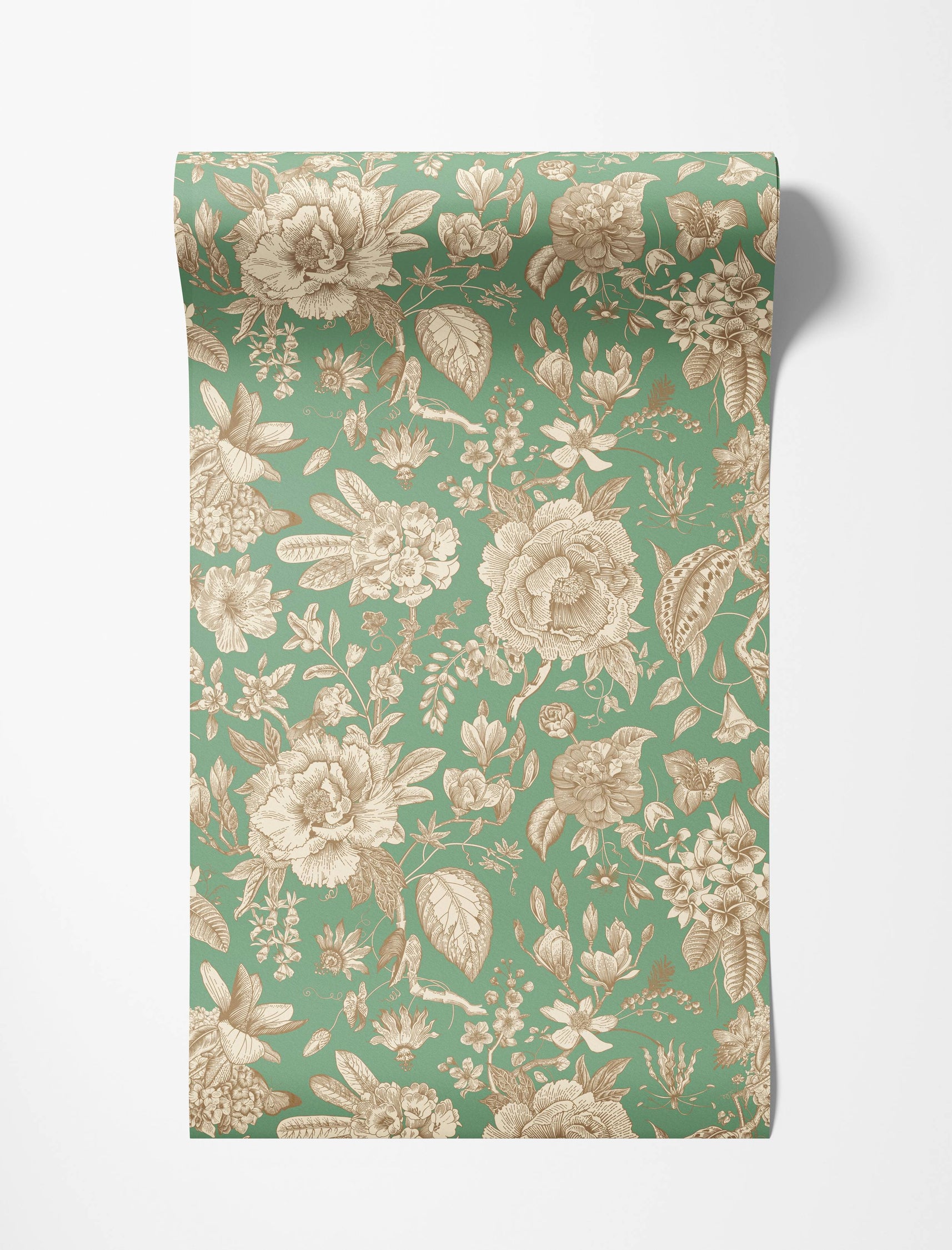 Elegant wallpaper featuring a classic floral and botanical pattern in beige and cream tones on a muted green background.