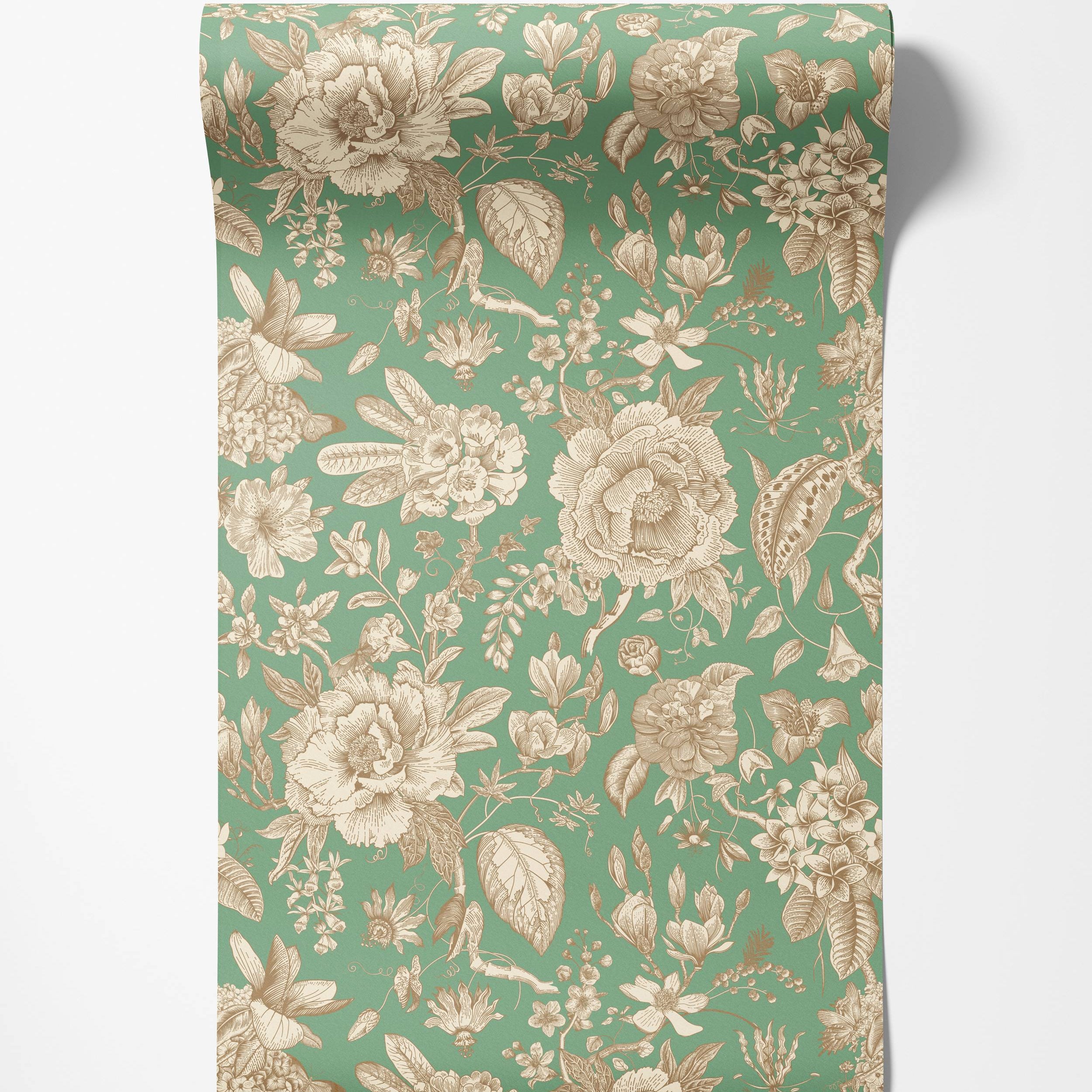 Elegant wallpaper featuring a classic floral and botanical pattern in beige and cream tones on a muted green background.