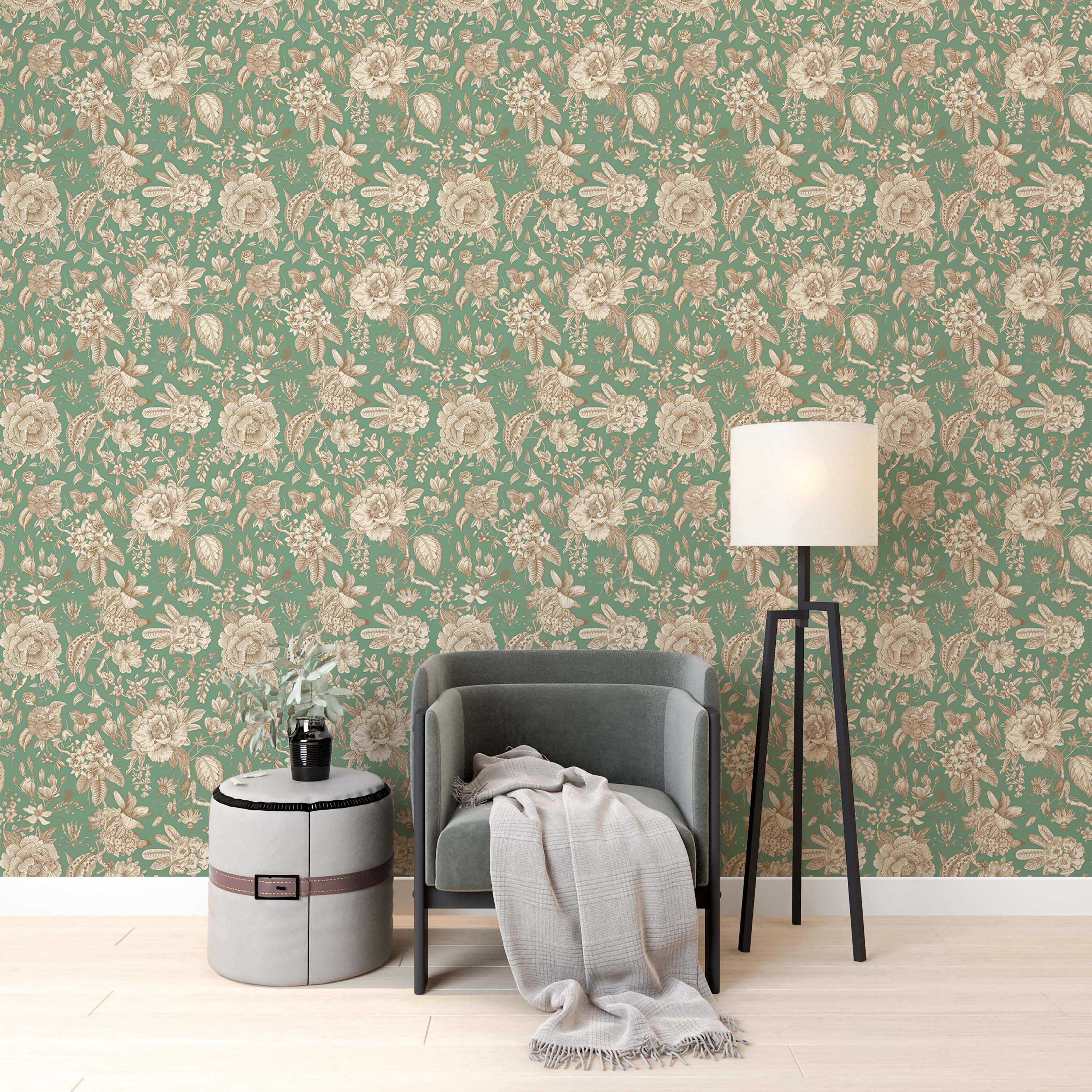 Wallpaper featuring a detailed beige floral and botanical print on a muted green background.