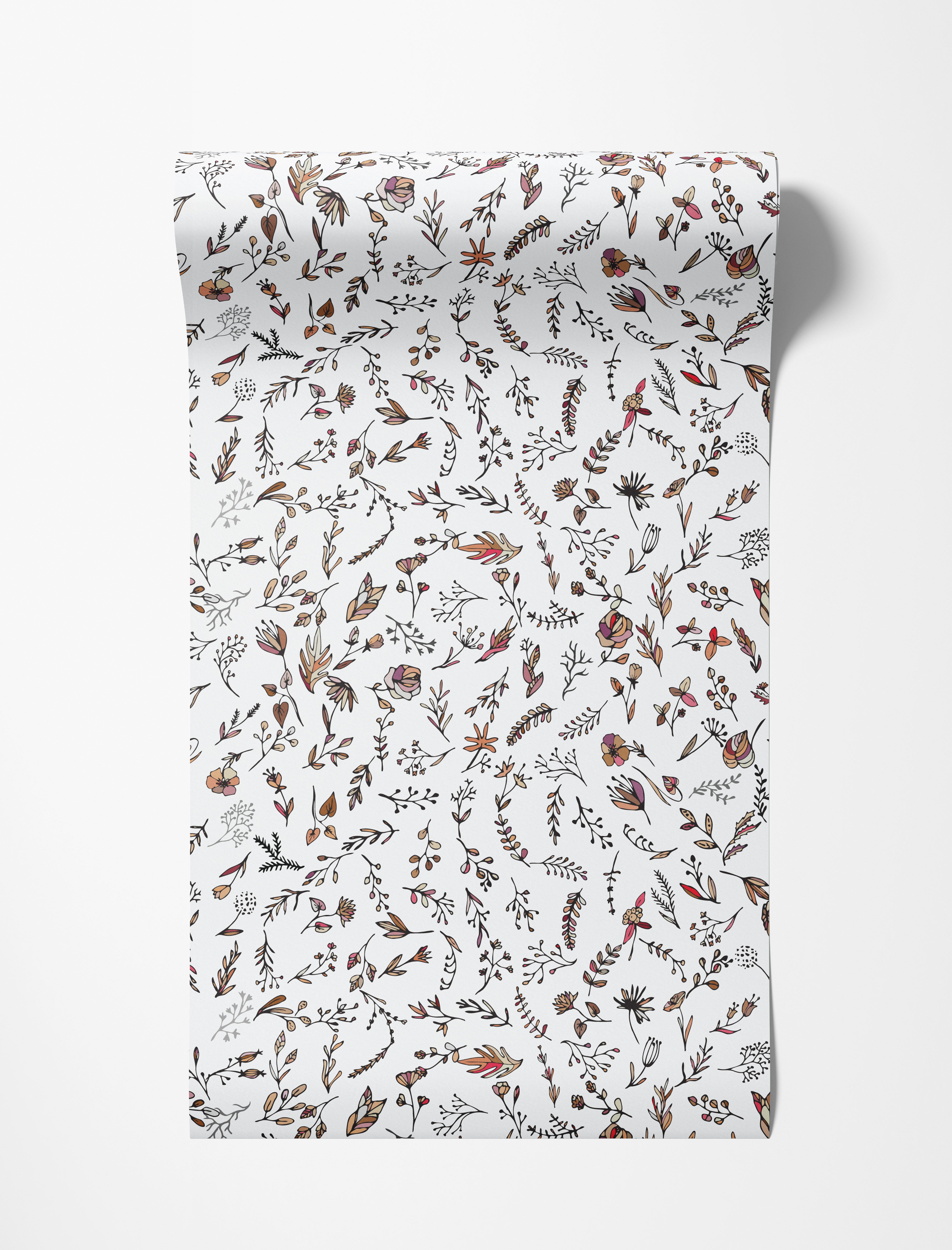 Hand-drawn botanical wallpaper with scattered flowers and leaves in brown, red, and muted purple tones on a white background.